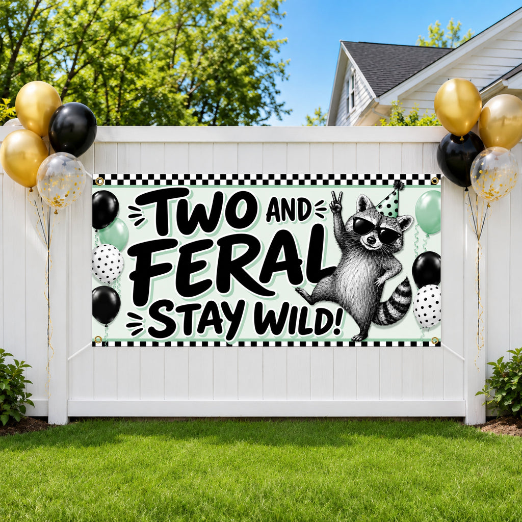 Funny 2nd Birthday Banner, Two and Feral Raccoon Sign, Party Backdrop