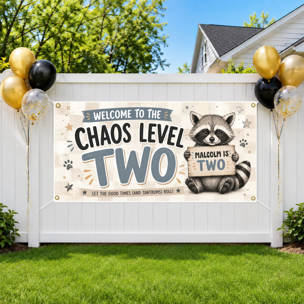 Chaos Level Two Birthday Banner, Raccoon 2nd Birthday Party Decoration, Two Wild Birthday Sign