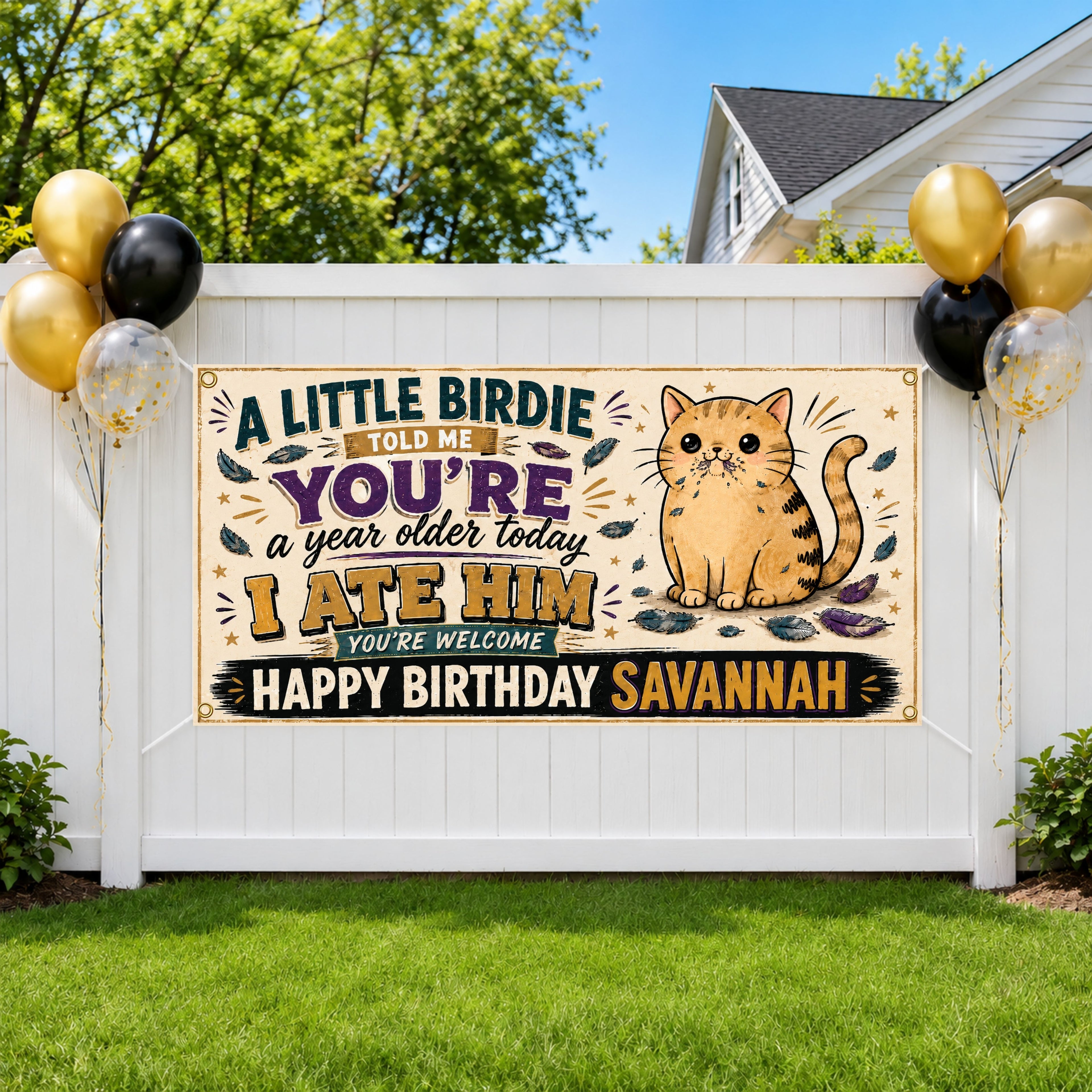 Funny Cat Birthday Banner, Birdie Joke Party Sign, Photo Backdrop