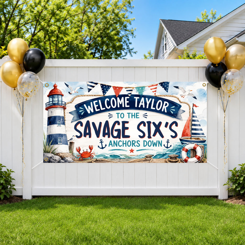 Savage Six Birthday Banner, Six and 6 Year Old Nautical Birthday Party Decor, Sailing Birthday