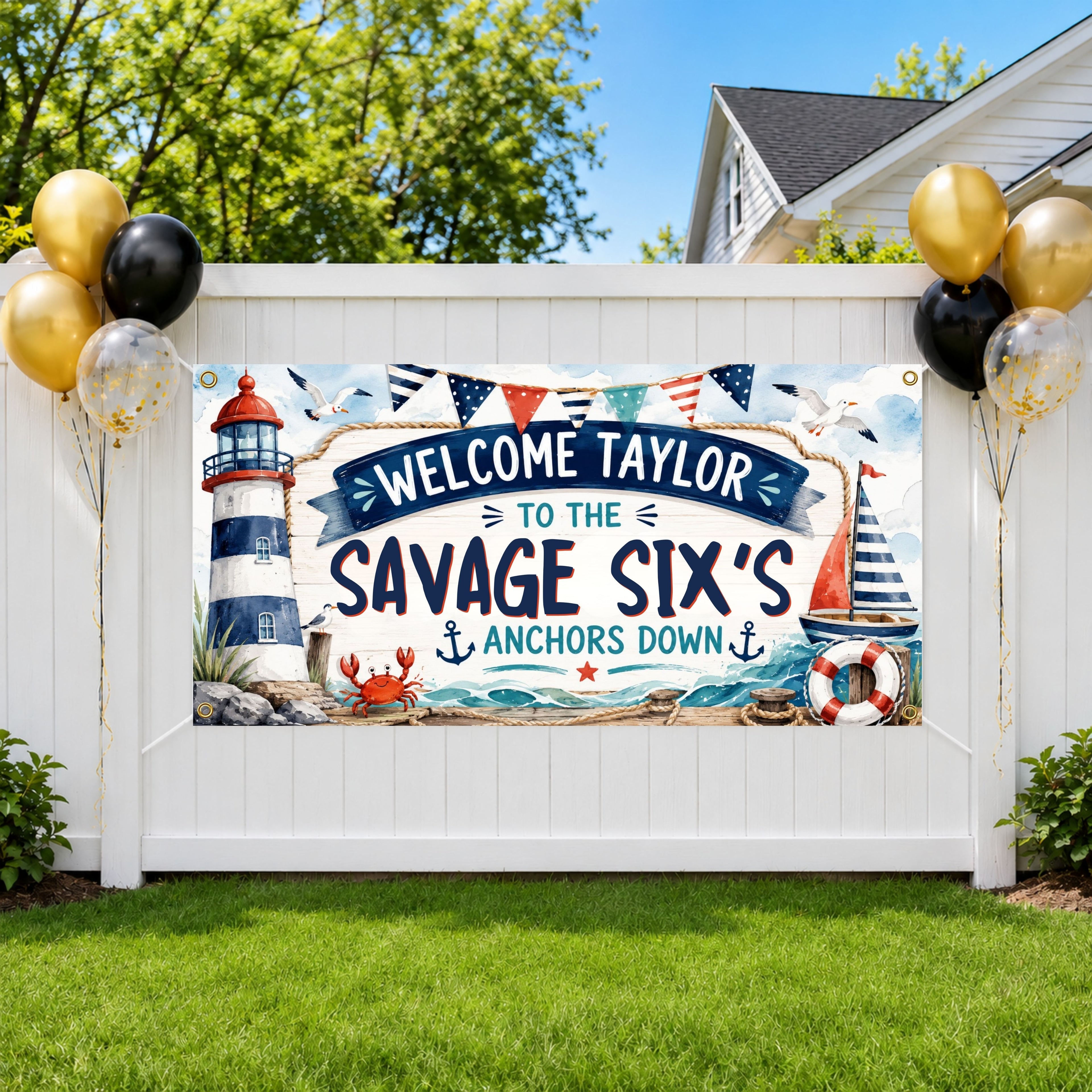 Savage Six Birthday Banner, Six and 6 Year Old Nautical Birthday Party Decor, Sailing Birthday