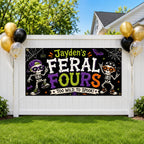 Personalized 4th Birthday Banner, Feral Fours Skeleton Party Sign, Halloween Backdrop