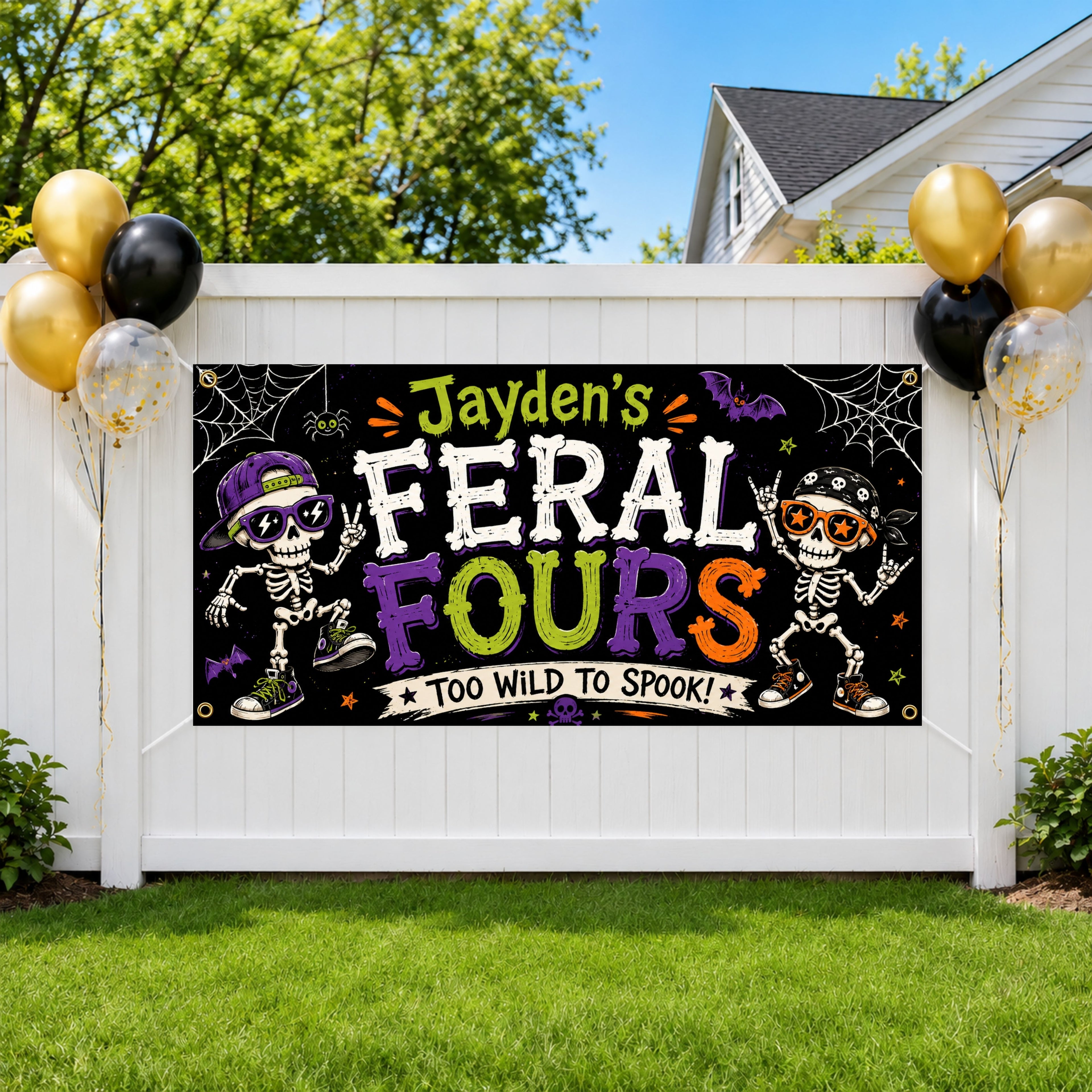 Personalized 4th Birthday Banner, Feral Fours Skeleton Party Sign, Halloween Backdrop