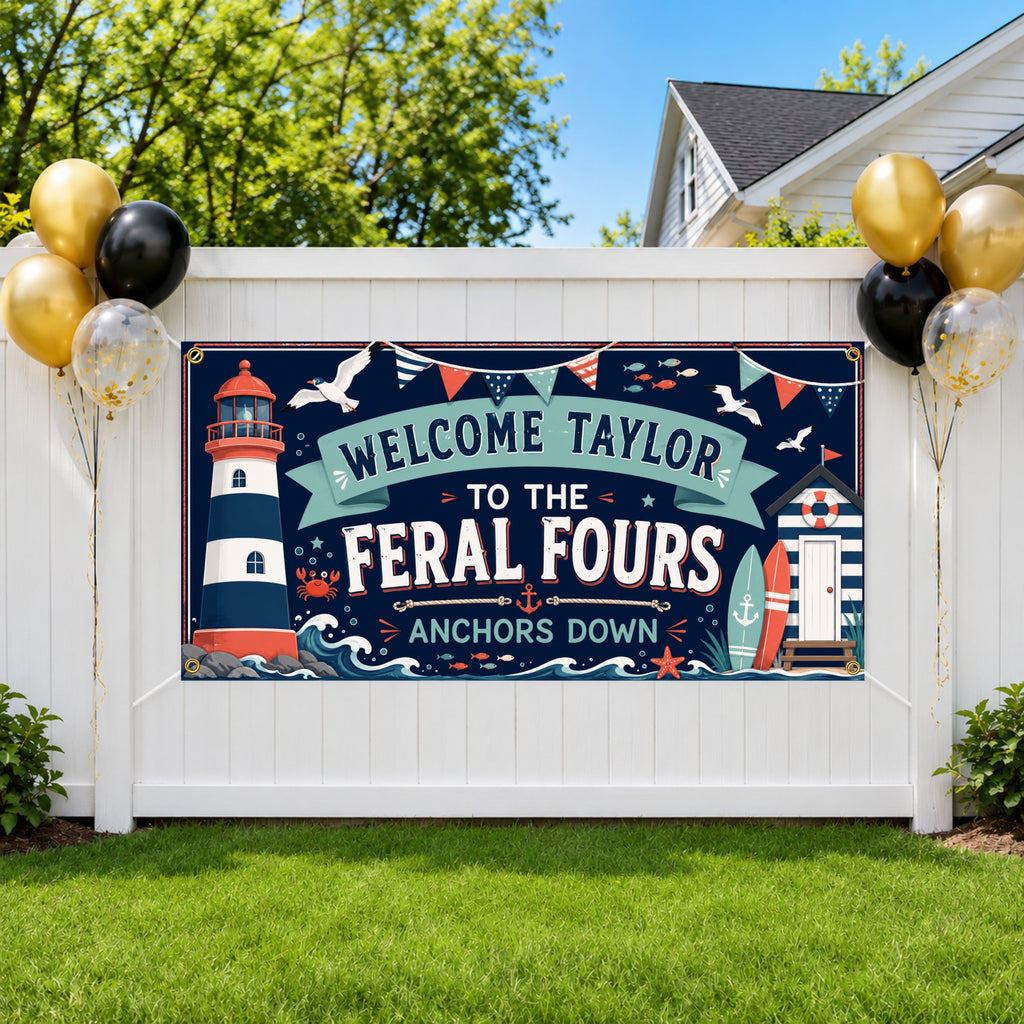 Feral Fours Nautical Birthday Banner, 4 Year Old Beach Birthday Party Decor, Coastal Birthday Sign