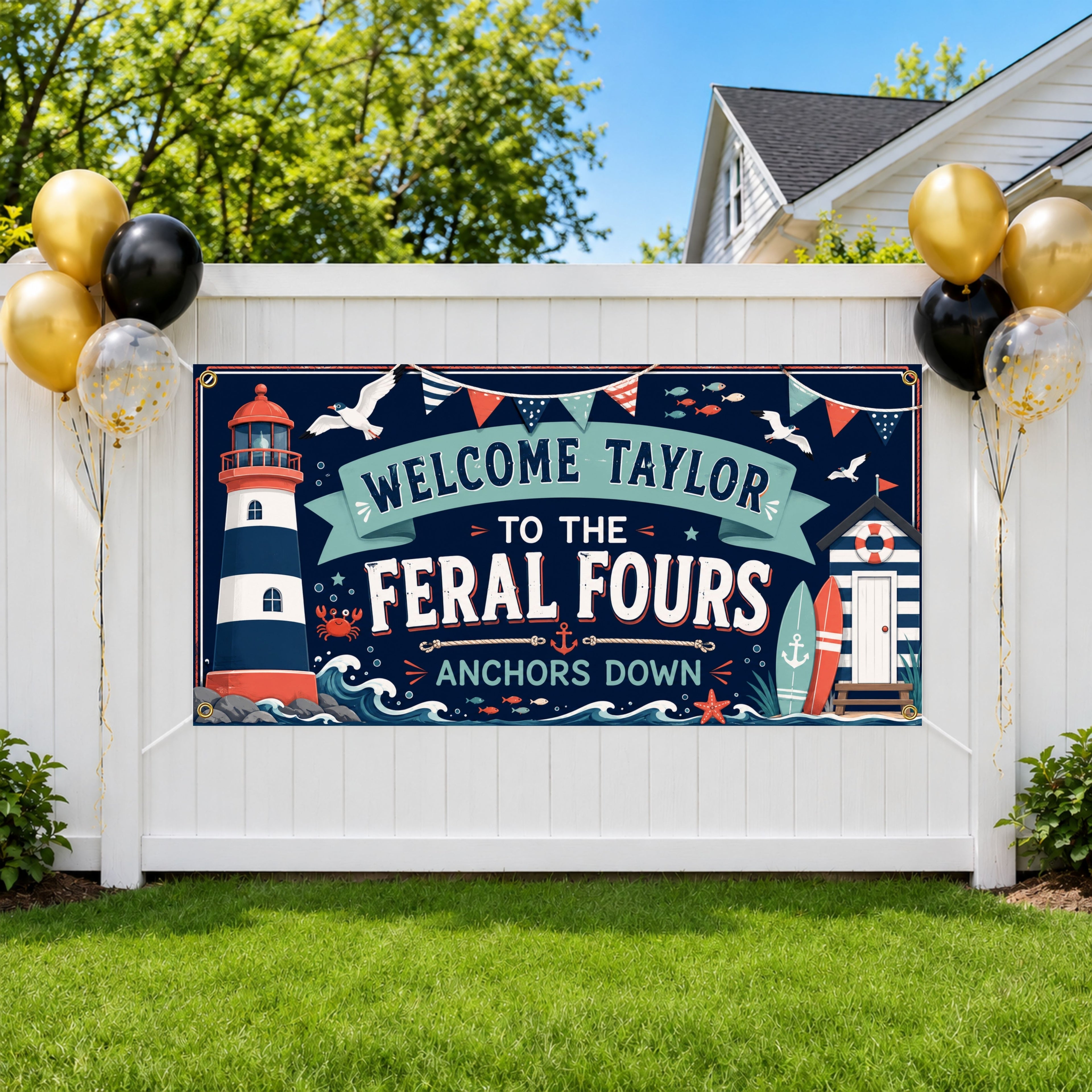 Feral Fours Nautical Birthday Banner, 4 Year Old Beach Birthday Party Decor, Coastal Birthday Sign