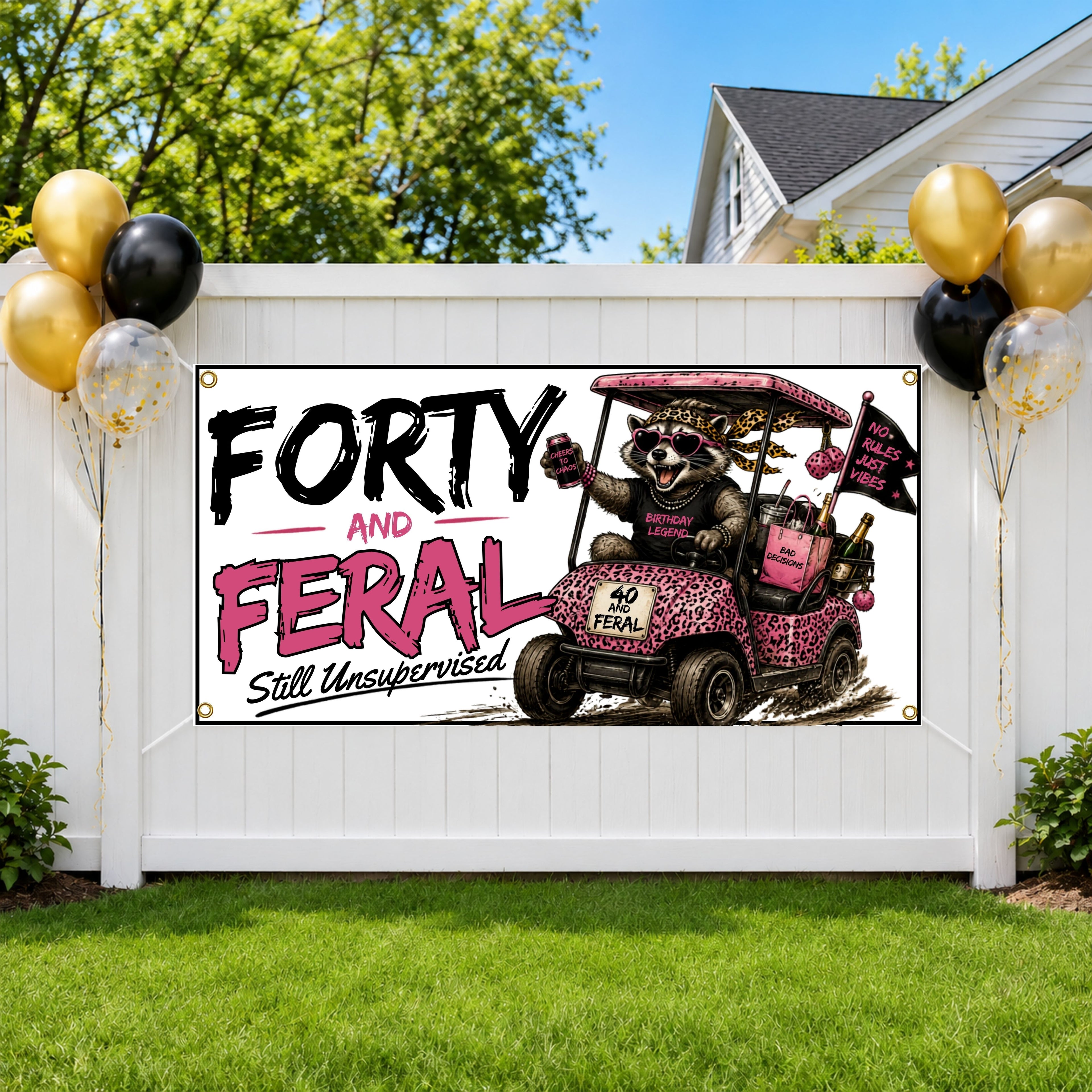 Funny 40th Birthday Banner, Feral Golf Cart Sign, Womens Party Backdrop