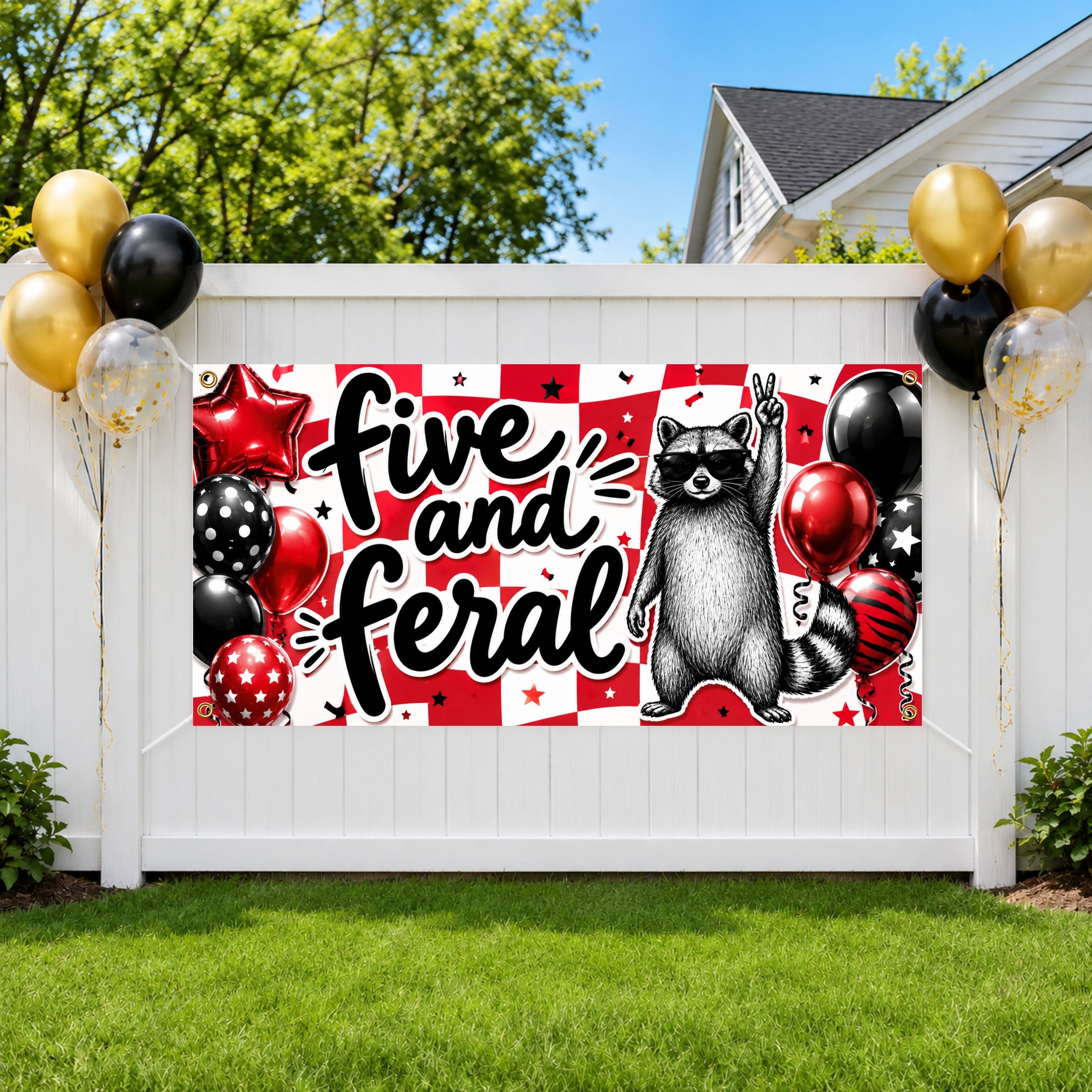 5 Year Old Funny Raccoon Fifth Birthday Banner, Turning 5 Birthday Decor