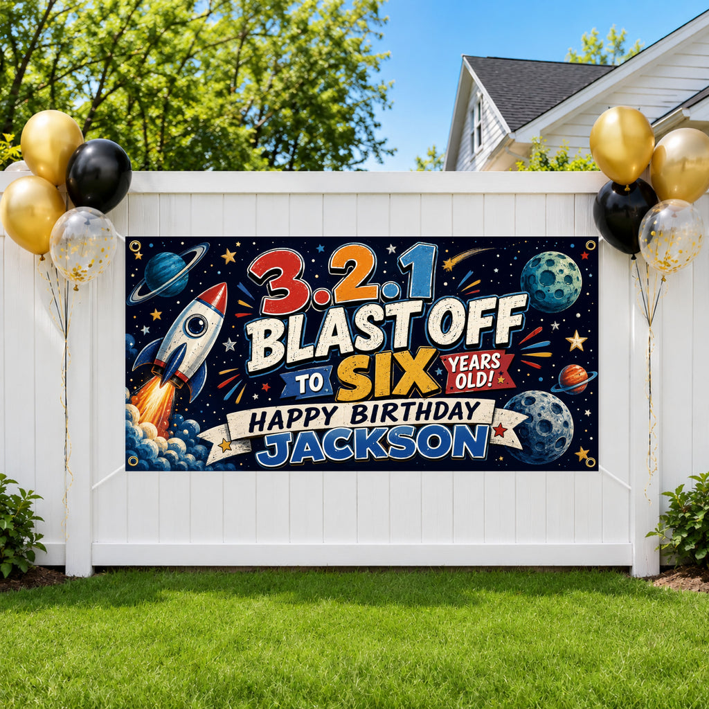 6th Birthday Banner, Space Rocket Party Sign, Boy Photo Backdrop