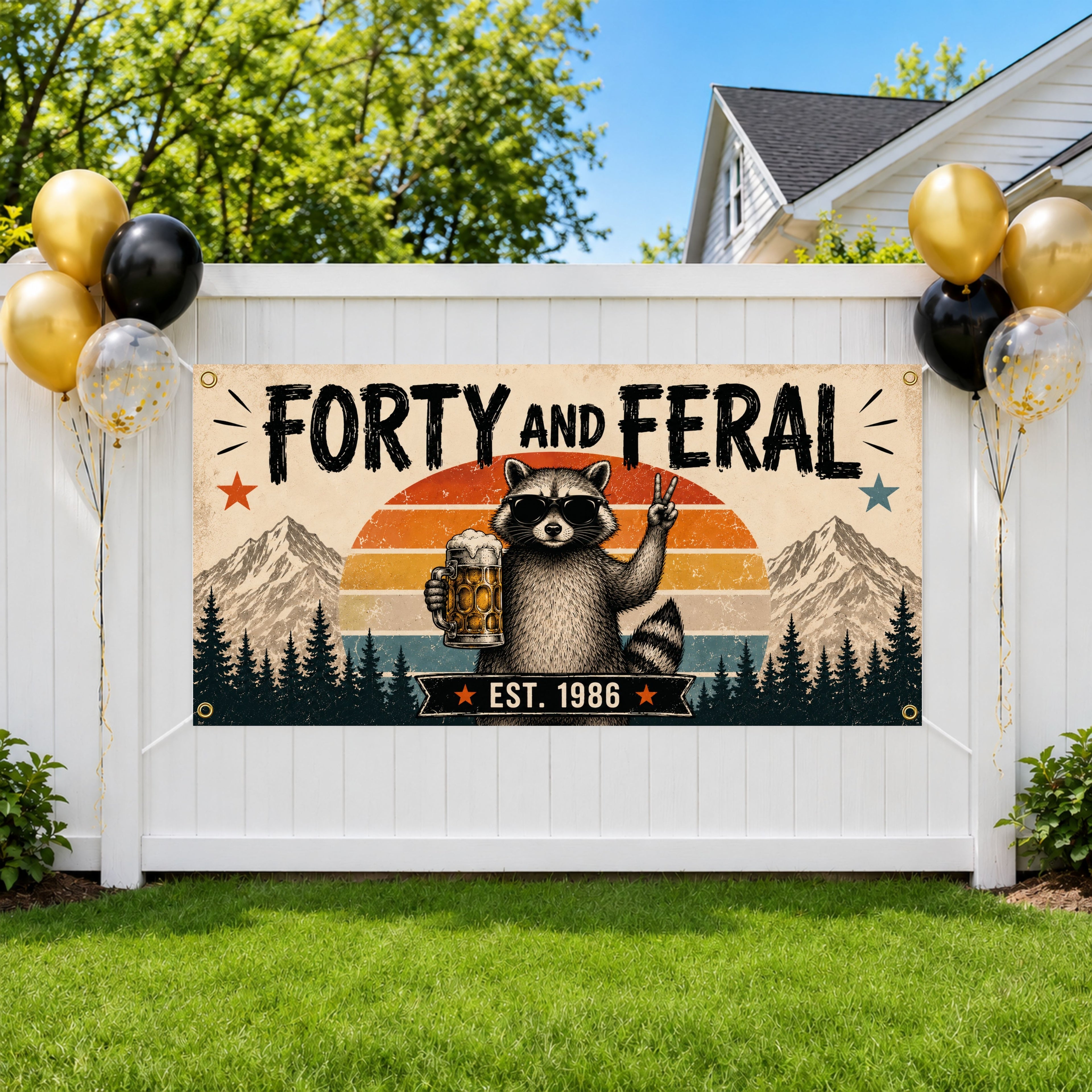 Funny 40th Birthday Banner, Forty And Feral Party Sign, Raccoon Backdrop