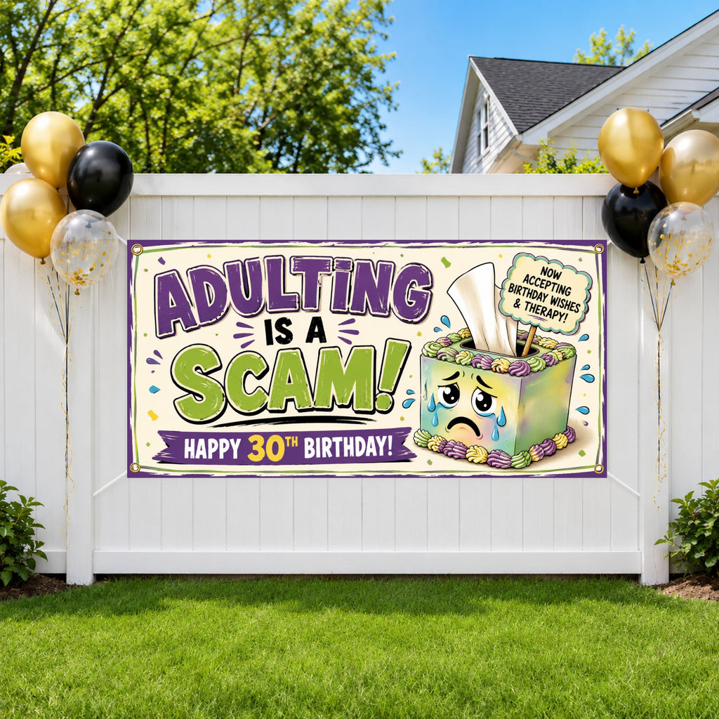 Funny 30th Birthday Banner, Adulting Scam Sign, Party Backdrop