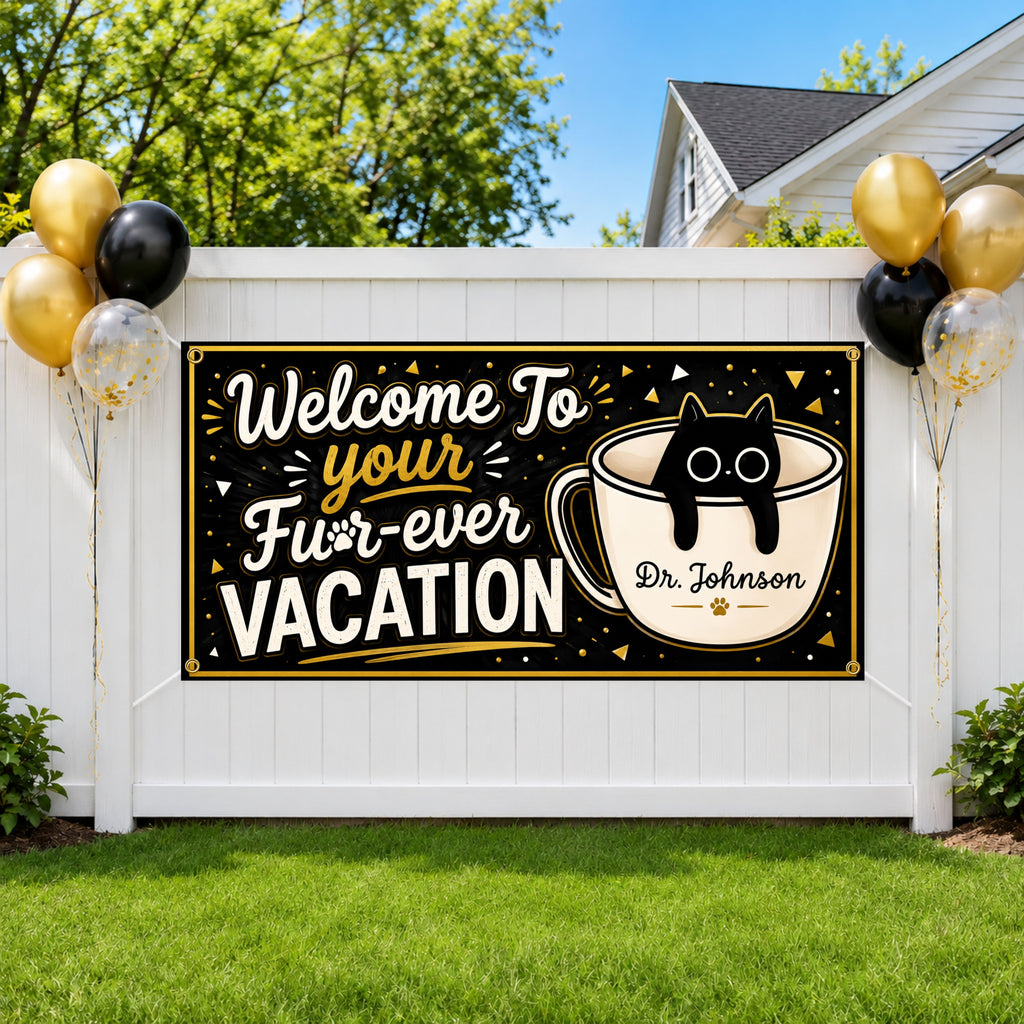 Retirement Party Banner, Funny Cat Retirement Sign, Forever Vacation Backdrop