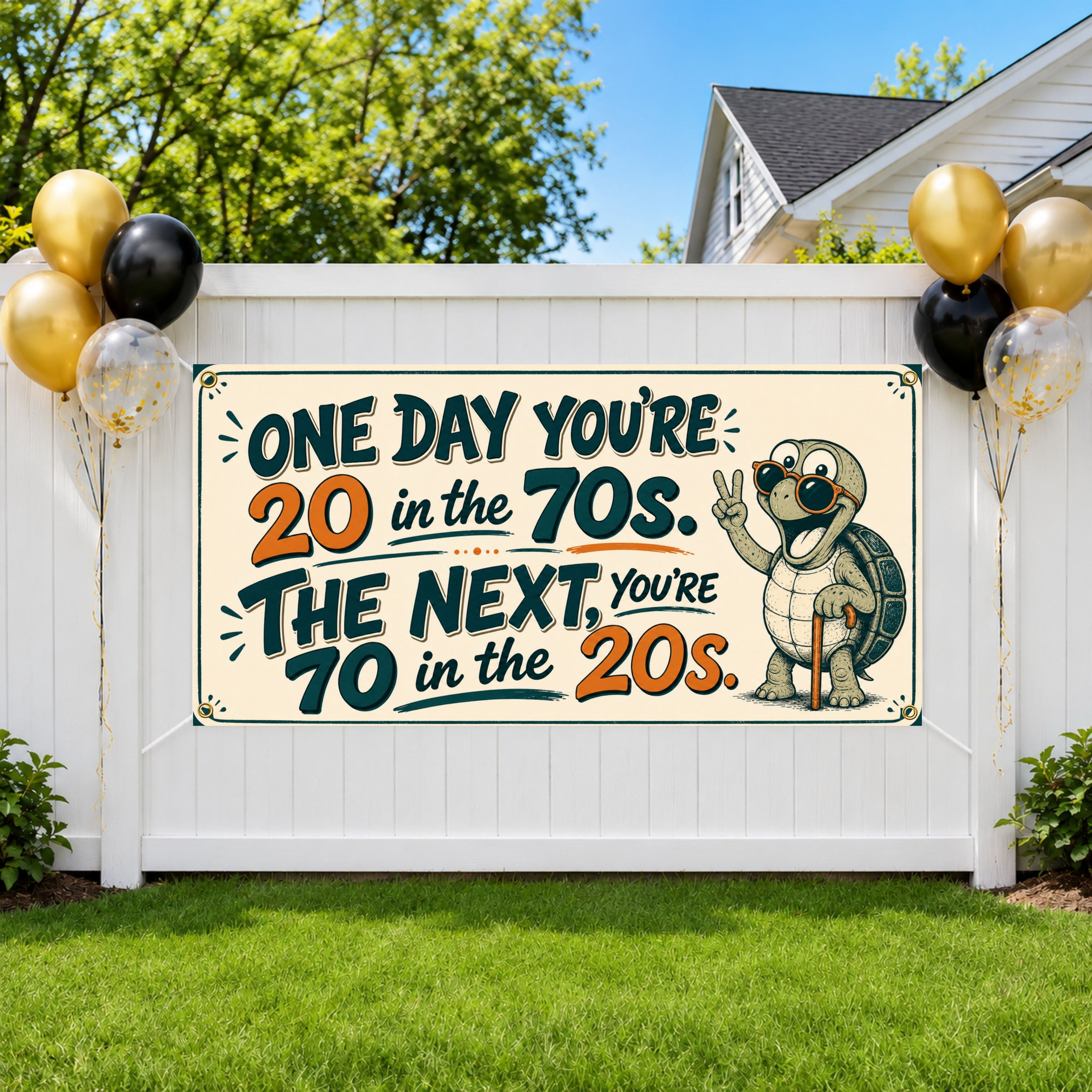 Funny 70th Birthday Banner, Turtle Party Sign, Aging Humor Backdrop