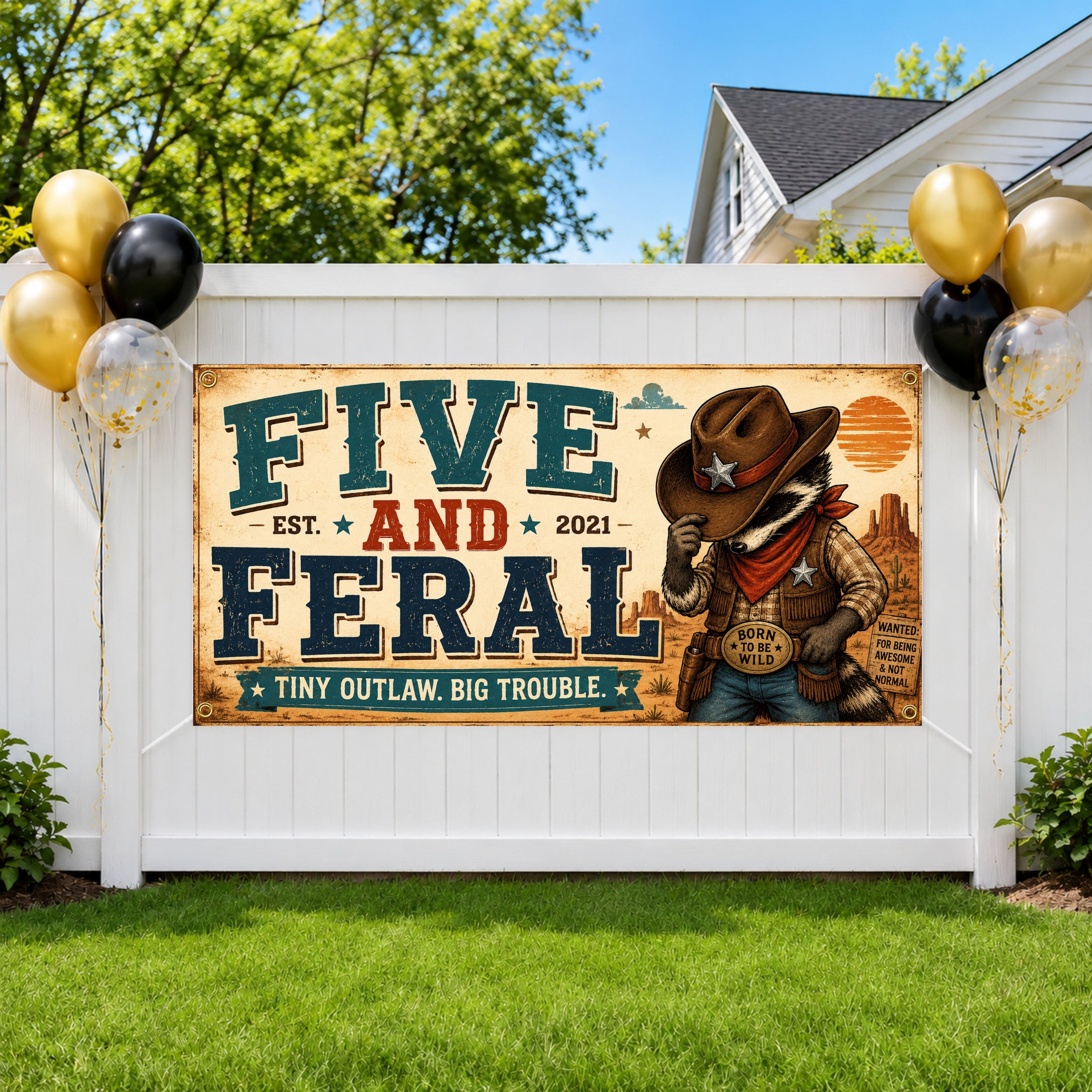 Funny 5th Birthday Banner, Cowboy Raccoon Party Sign, Personalized Kids Birthday Banner