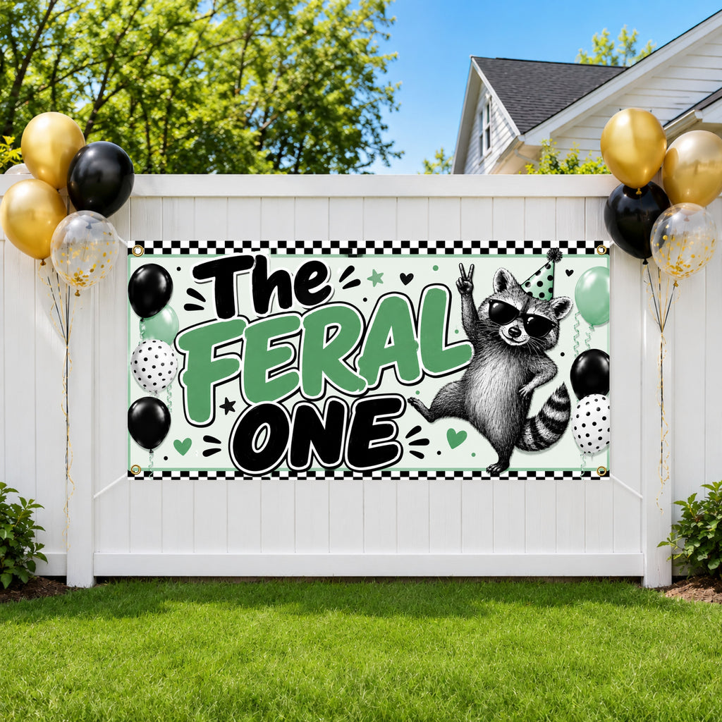 Funny 1st Birthday Banner, Feral One Raccoon Sign, Party Backdrop
