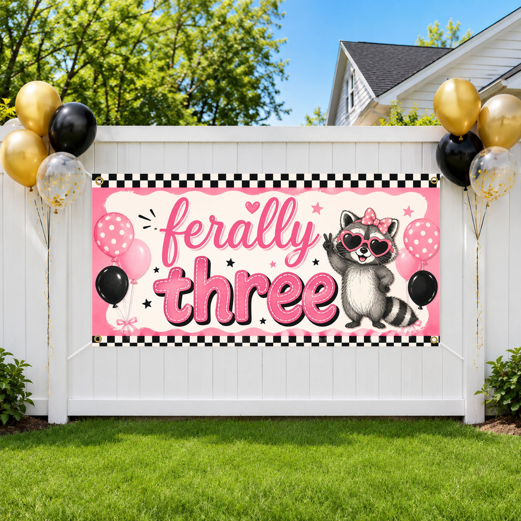 Funny 3rd Birthday Banner, Ferally Three Party Sign, Girls Photo Backdrop