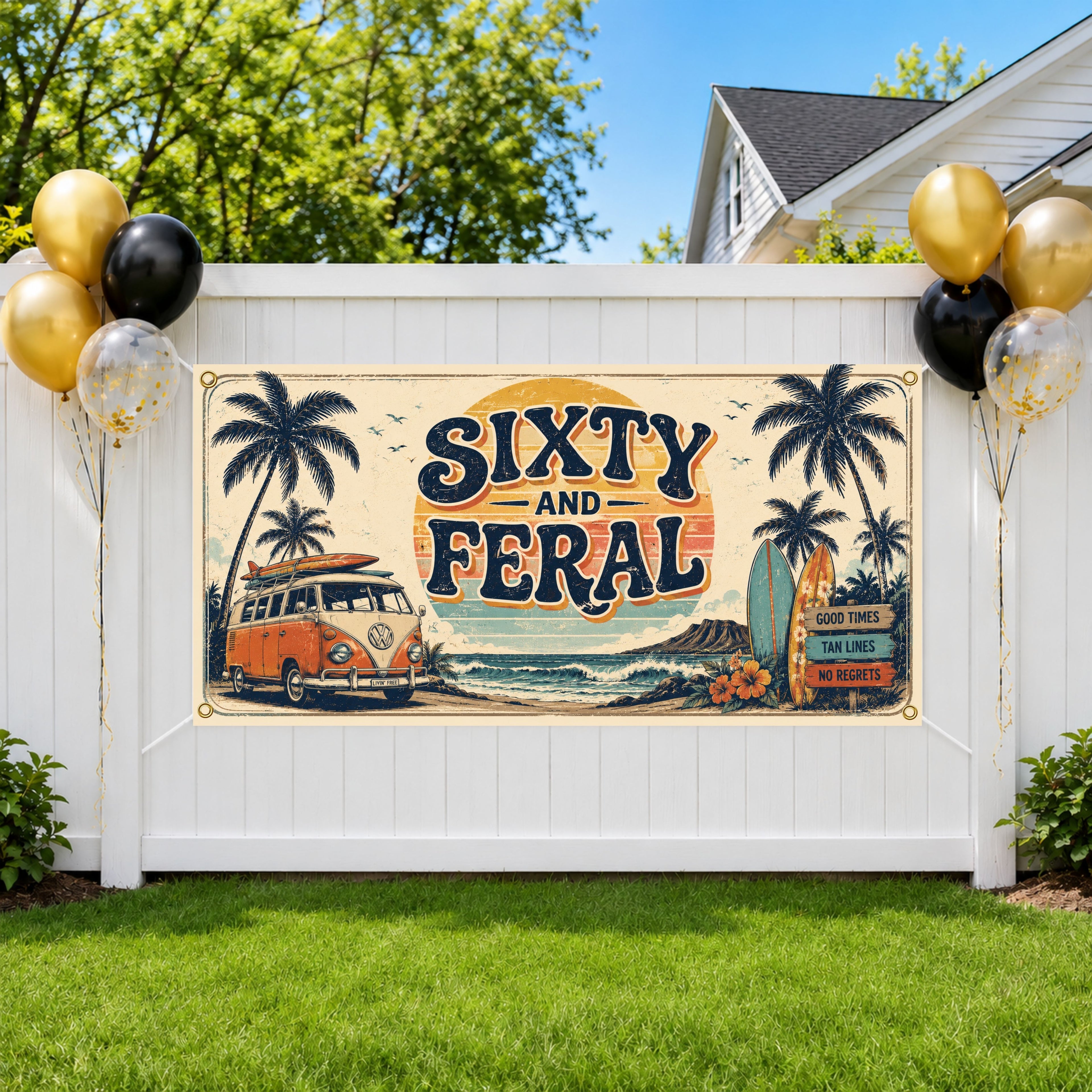 Funny 60th Birthday Banner, Sixty and Feral Party Sign, Custom Backdrop