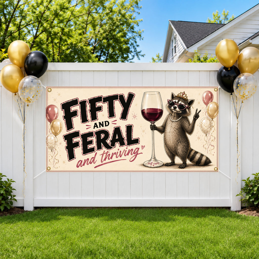 Funny 50th Birthday Banner, Fifty And Feral Sign, Wine Party Backdrop