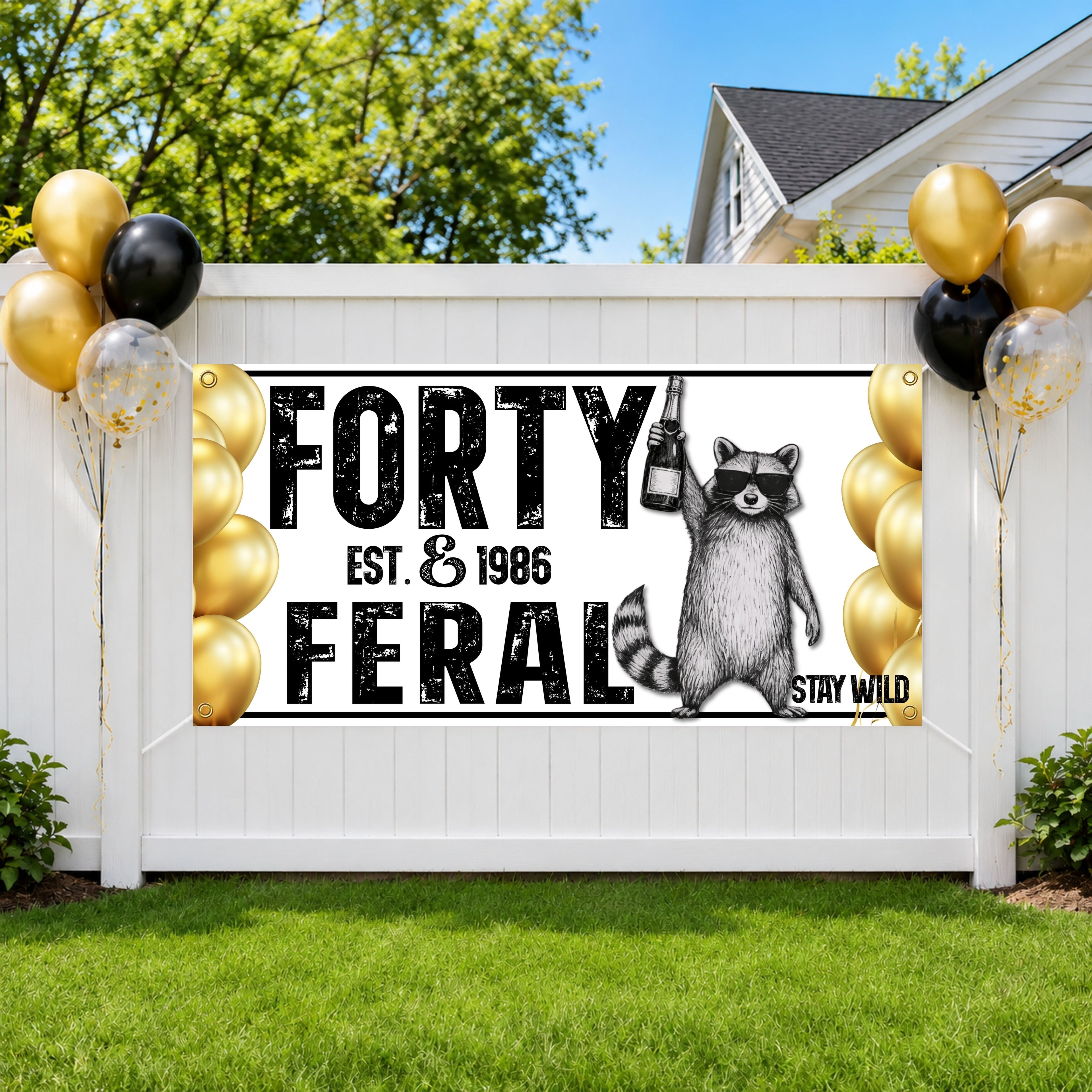Funny 40th Birthday Banner, Forty And Feral Party Sign, Raccoon Backdrop