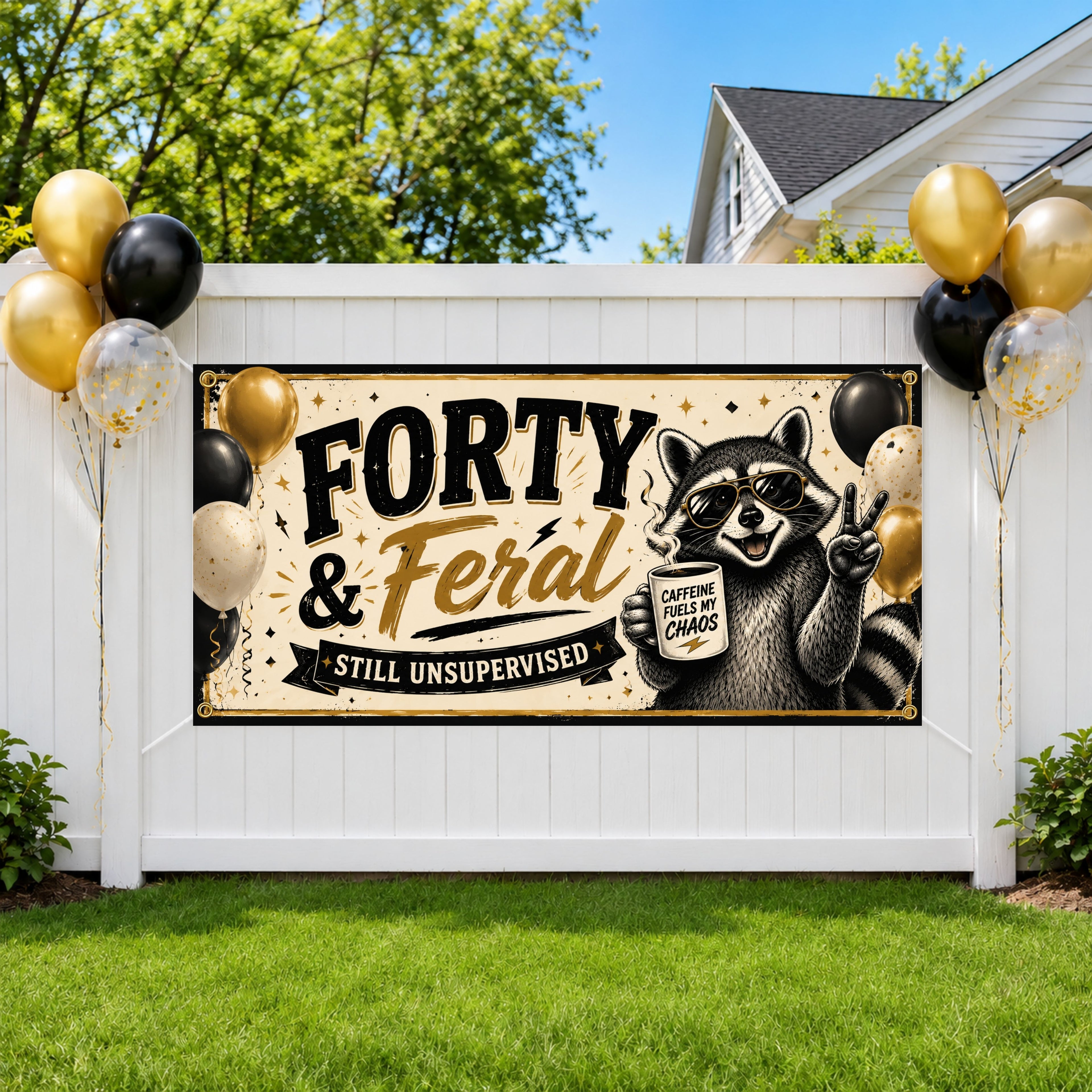 40th Birthday Banner, Forty and Feral Party Backdrop, Funny Raccoon Sign