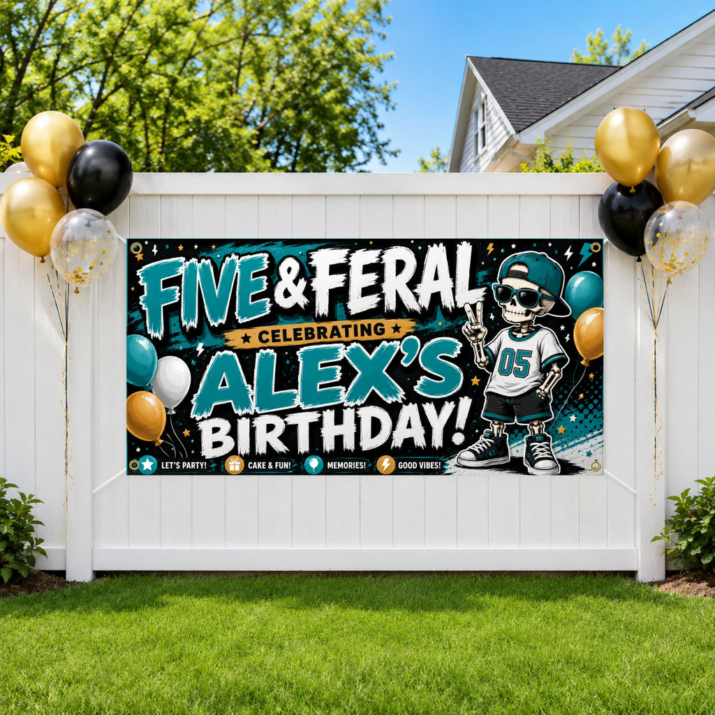 5th Birthday Funny Skeleton Sign Birthday Banner, Five and Feral Birthday Decor