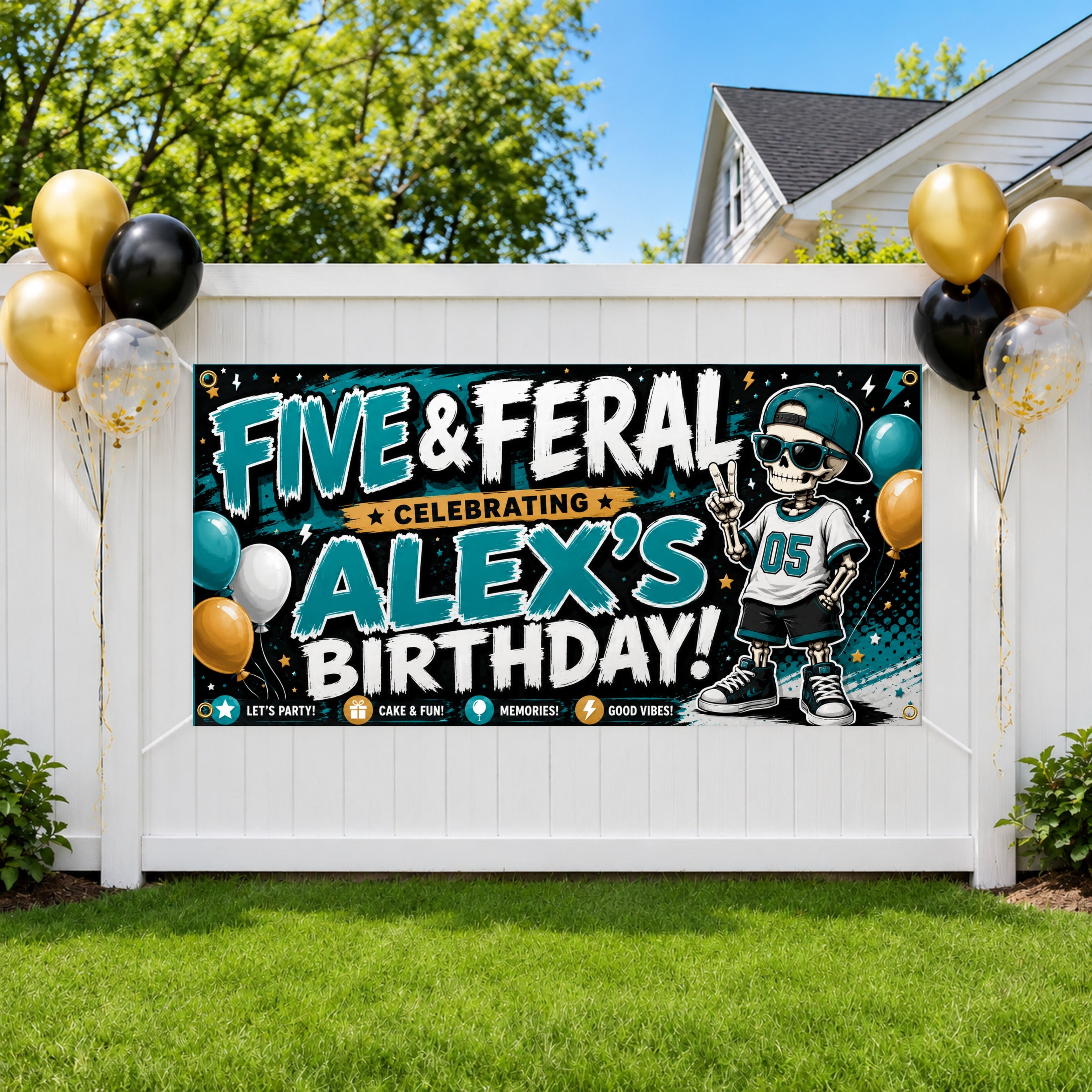 5th Birthday Funny Skeleton Sign Birthday Banner, Five and Feral Birthday Decor