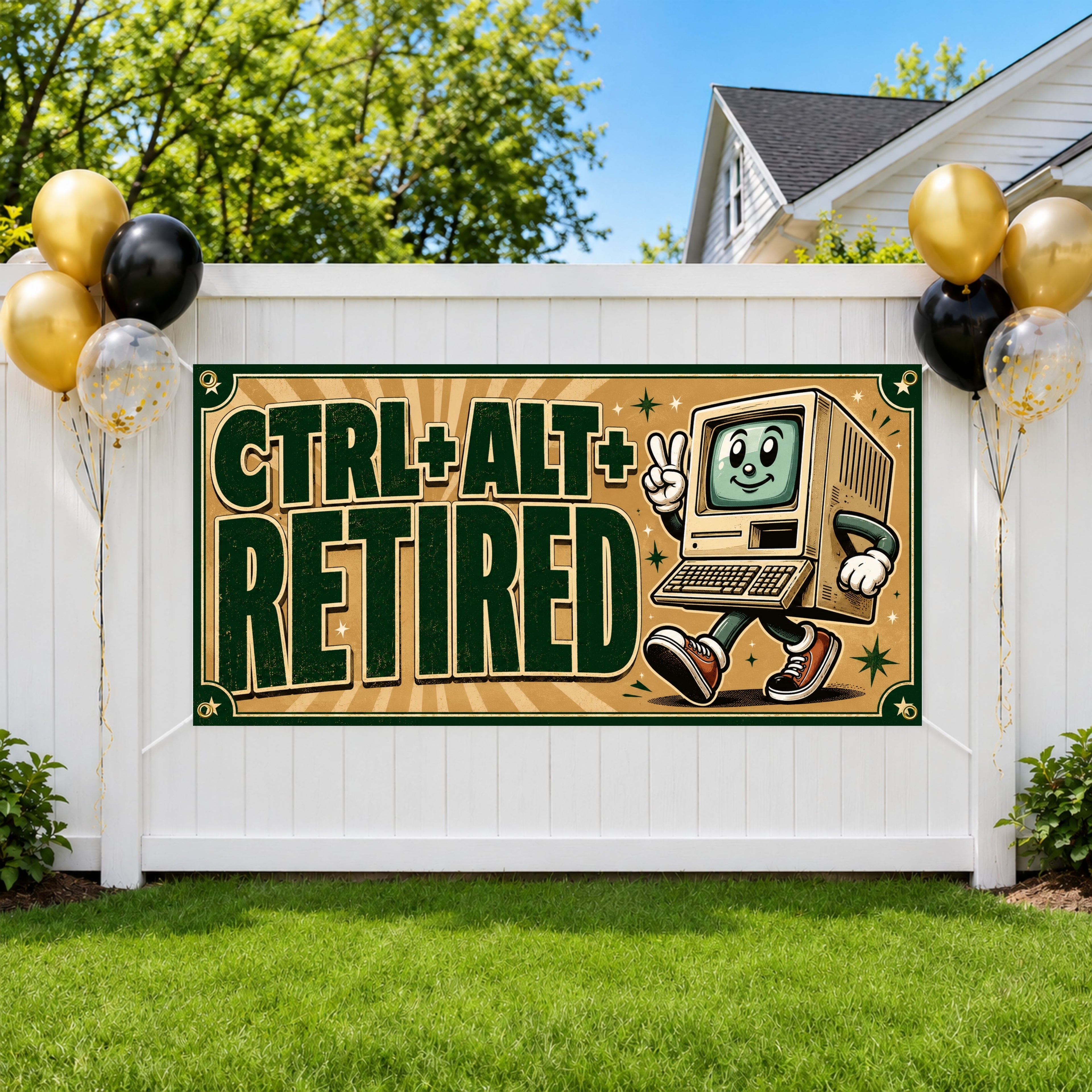 Funny Retirement Banner, Retro Computer Sign, Office Farewell Backdrop