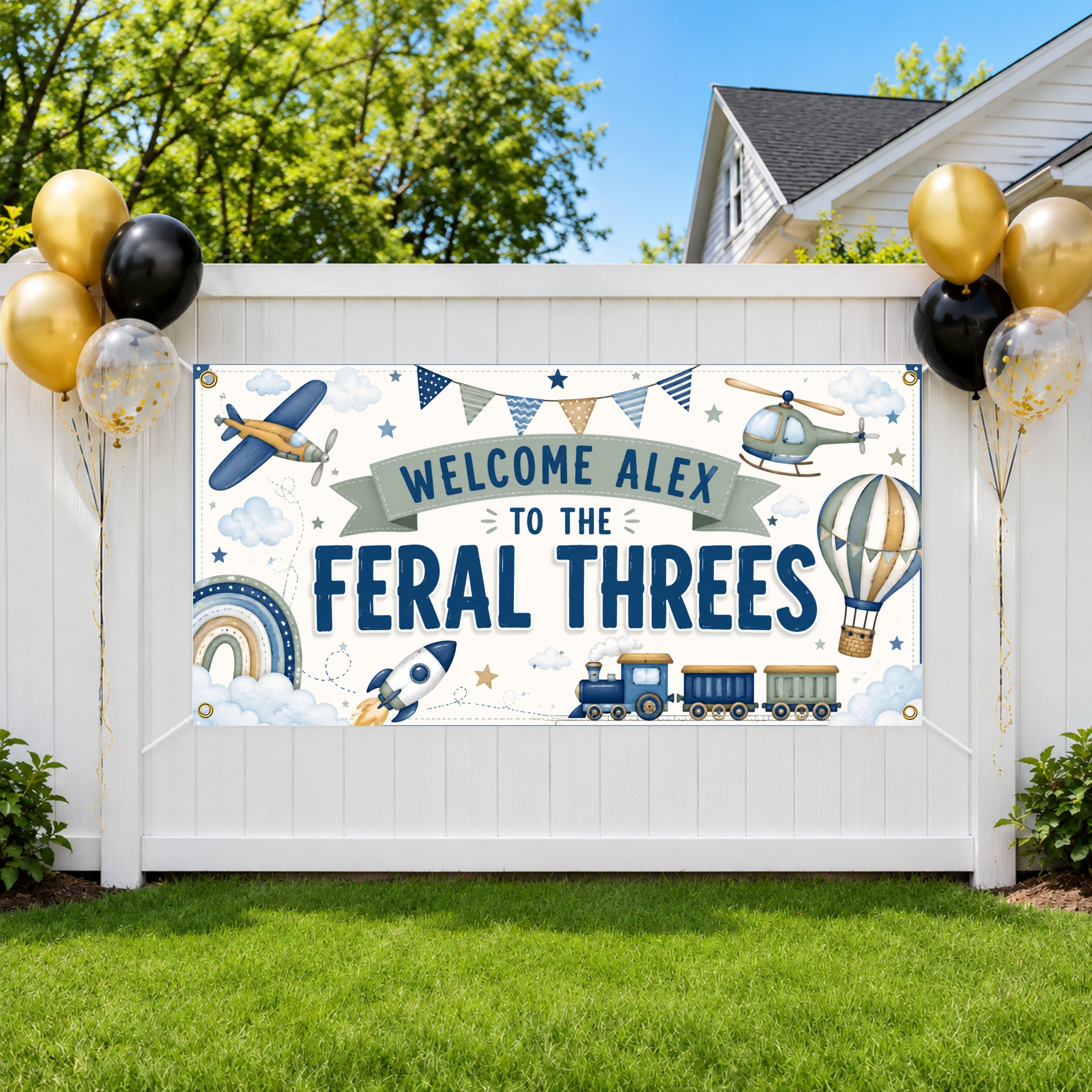Feral Threes Birthday Banner, Three Year Old Airplane Birthday Party Decor