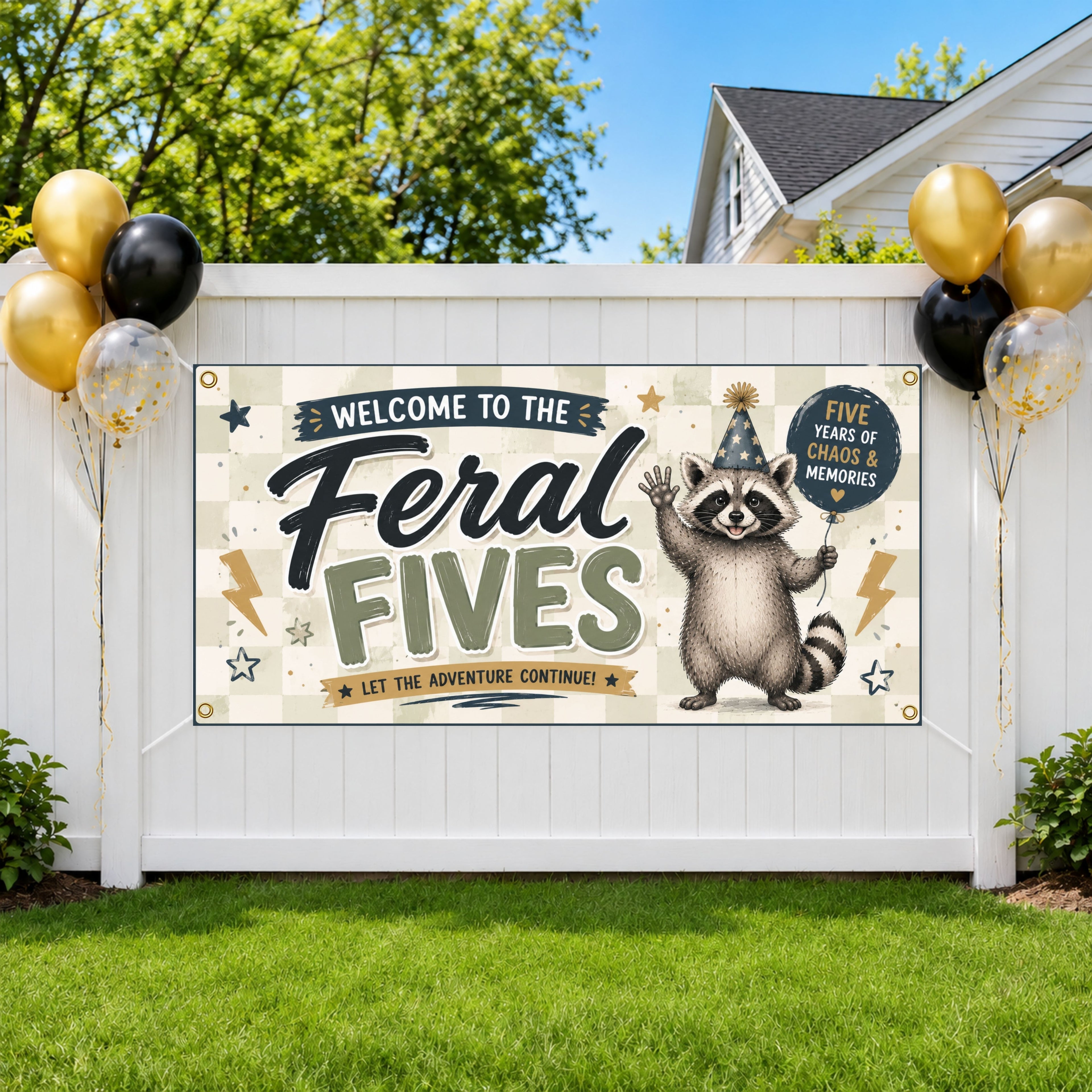 Funny Raccoon Fifth Birthday Celebration Sign, Feral Fives 5 yrs of Chaso Birthday Banner