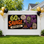Funny 60th Birthday Banner, Sixty And Savage Zombie Party Sign, Halloween Backdrop