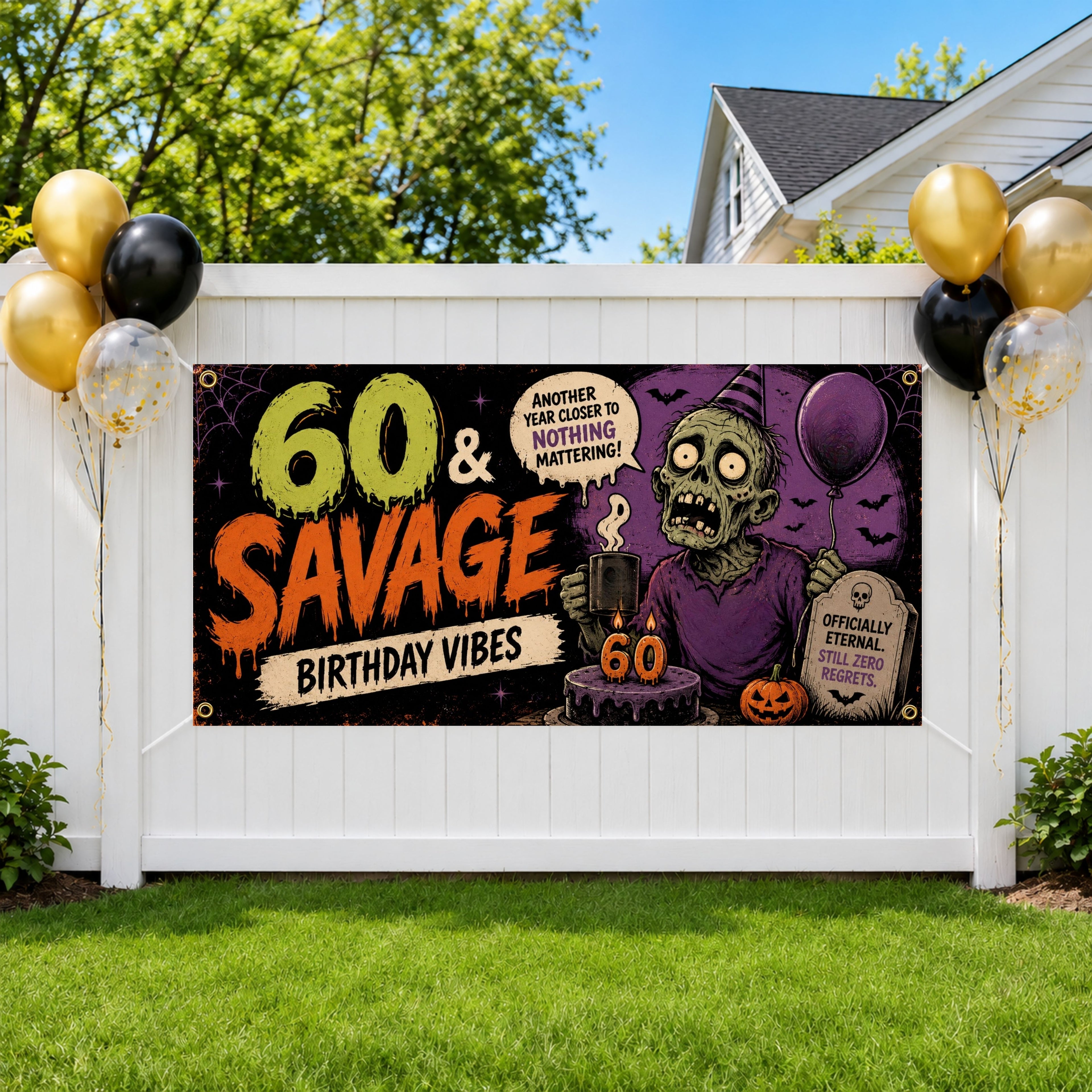 Funny 60th Birthday Banner, Sixty And Savage Zombie Party Sign, Halloween Backdrop
