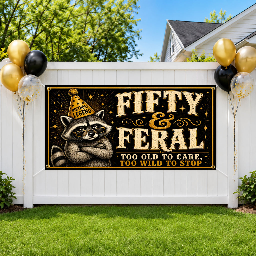 50th Birthday Banner, Fifty and Feral Party Backdrop, Funny Raccoon Sign