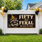 50th Birthday Banner, Fifty and Feral Party Backdrop, Funny Raccoon Sign