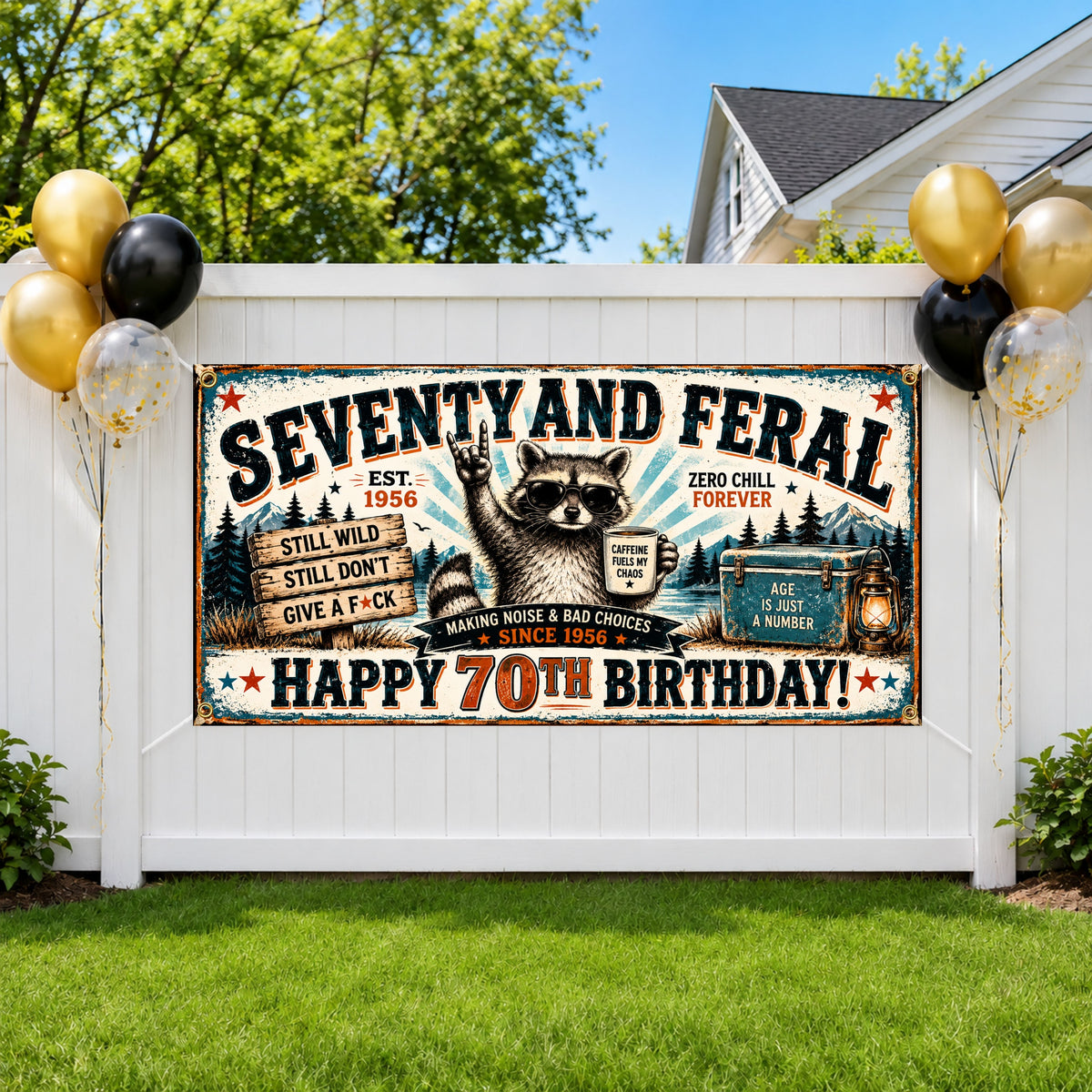 Raccoon 70th Birthday Banner