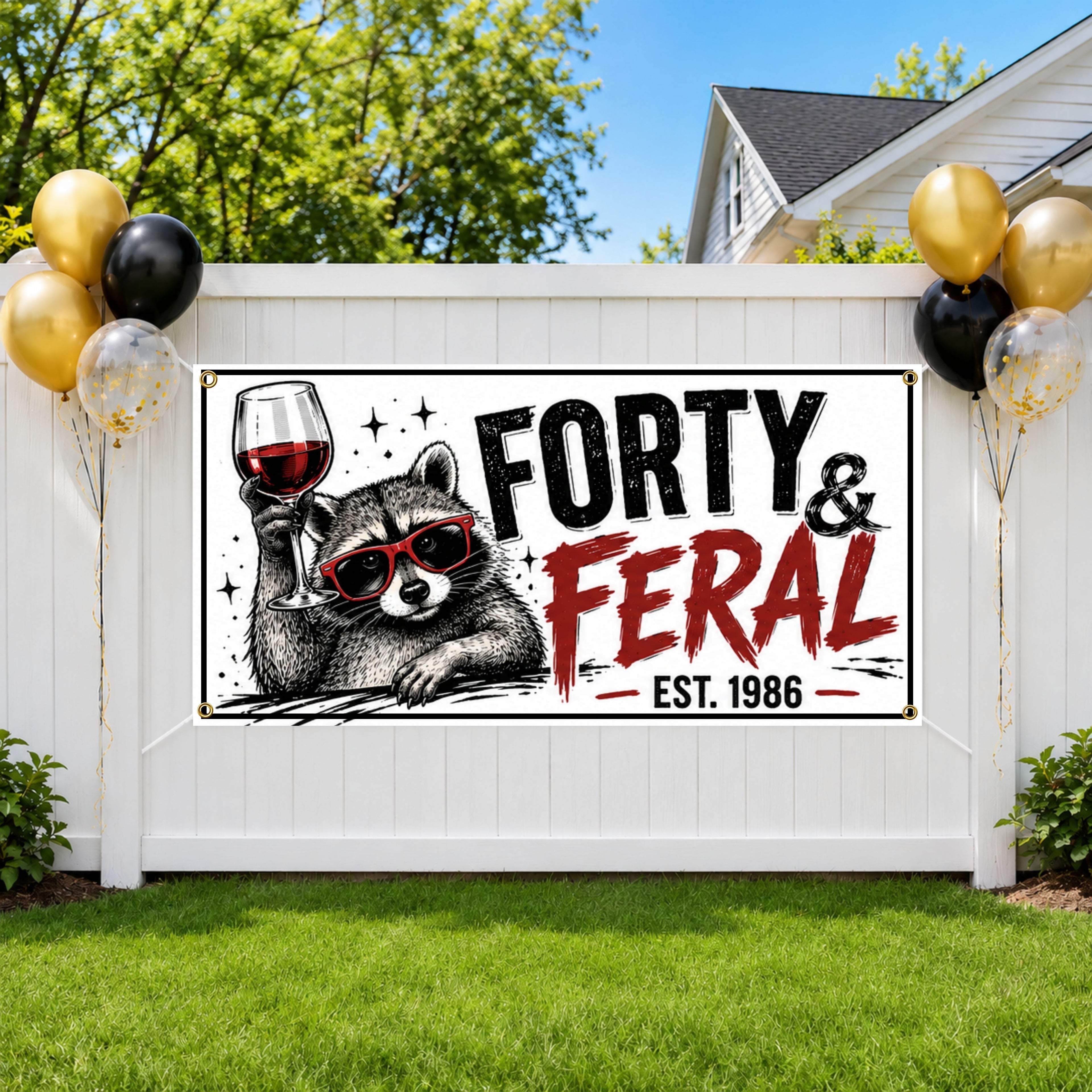 Funny 40th Birthday Banner, Raccoon Feral Forty Sign, Wine Party Backdrop