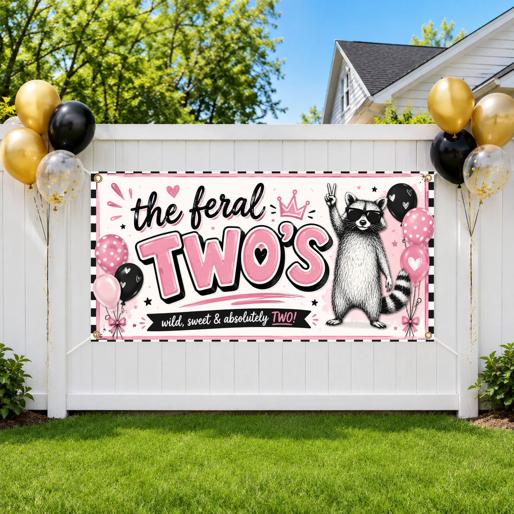 Funny 2nd Birthday Banner, Feral Twos Party Sign, Girls Photo Backdrop