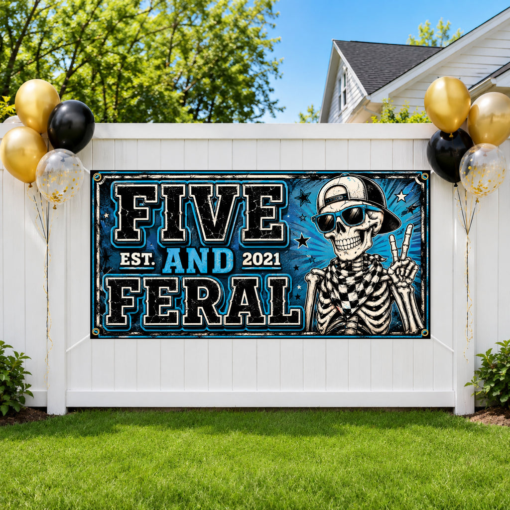 Funny 5th Birthday Banner, Skeleton Party Sign, Boy Backdrop