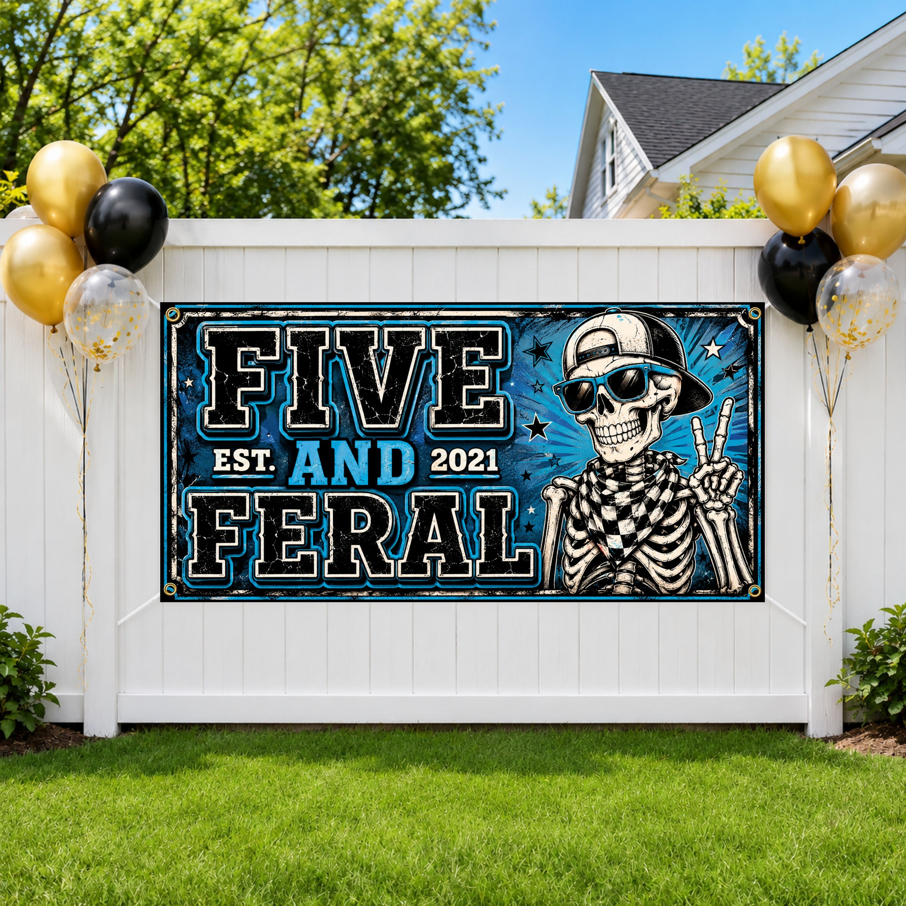 Funny 5th Birthday Banner, Skeleton Party Sign, Boy Backdrop