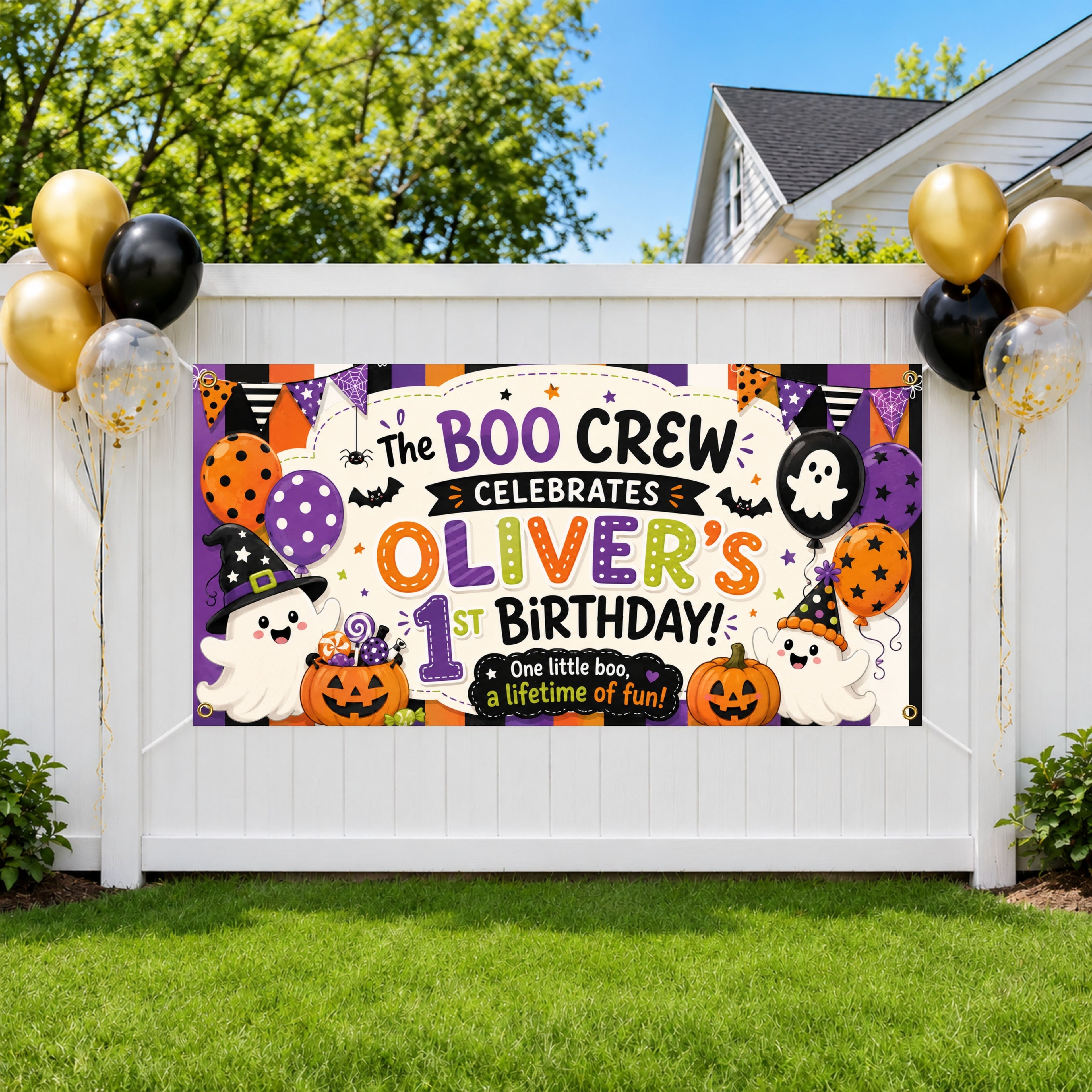 Personalized 1st Birthday Banner, Boo Crew Ghost Party Sign, Halloween Backdrop