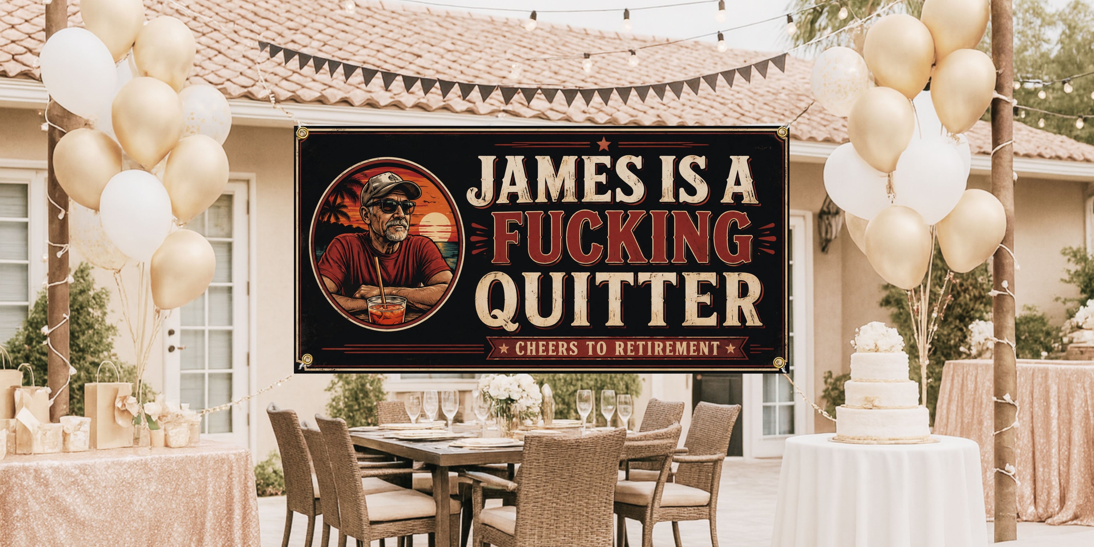 Funny Retirement Banner | Proud Quitter Cheers to Retirement Party Vintage Decor