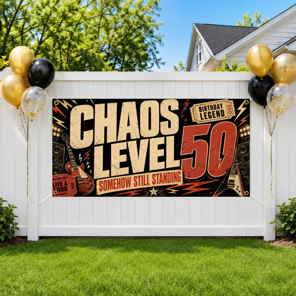 Funny 50th Birthday Banner, Chaos Level Fifty Sign, Party Backdrop
