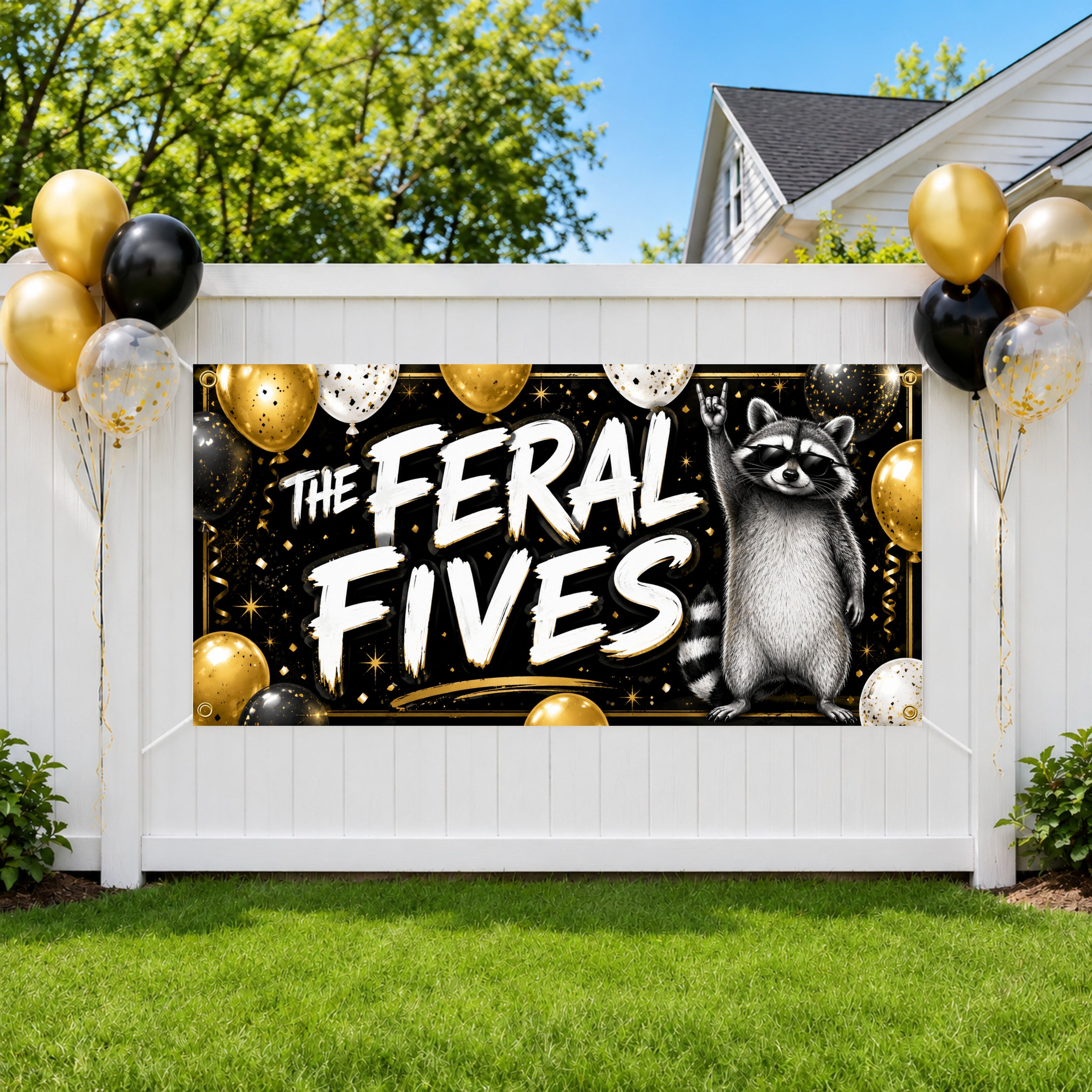 5th Birthday Banner, Feral Fives Party Backdrop, Funny Raccoon Sign