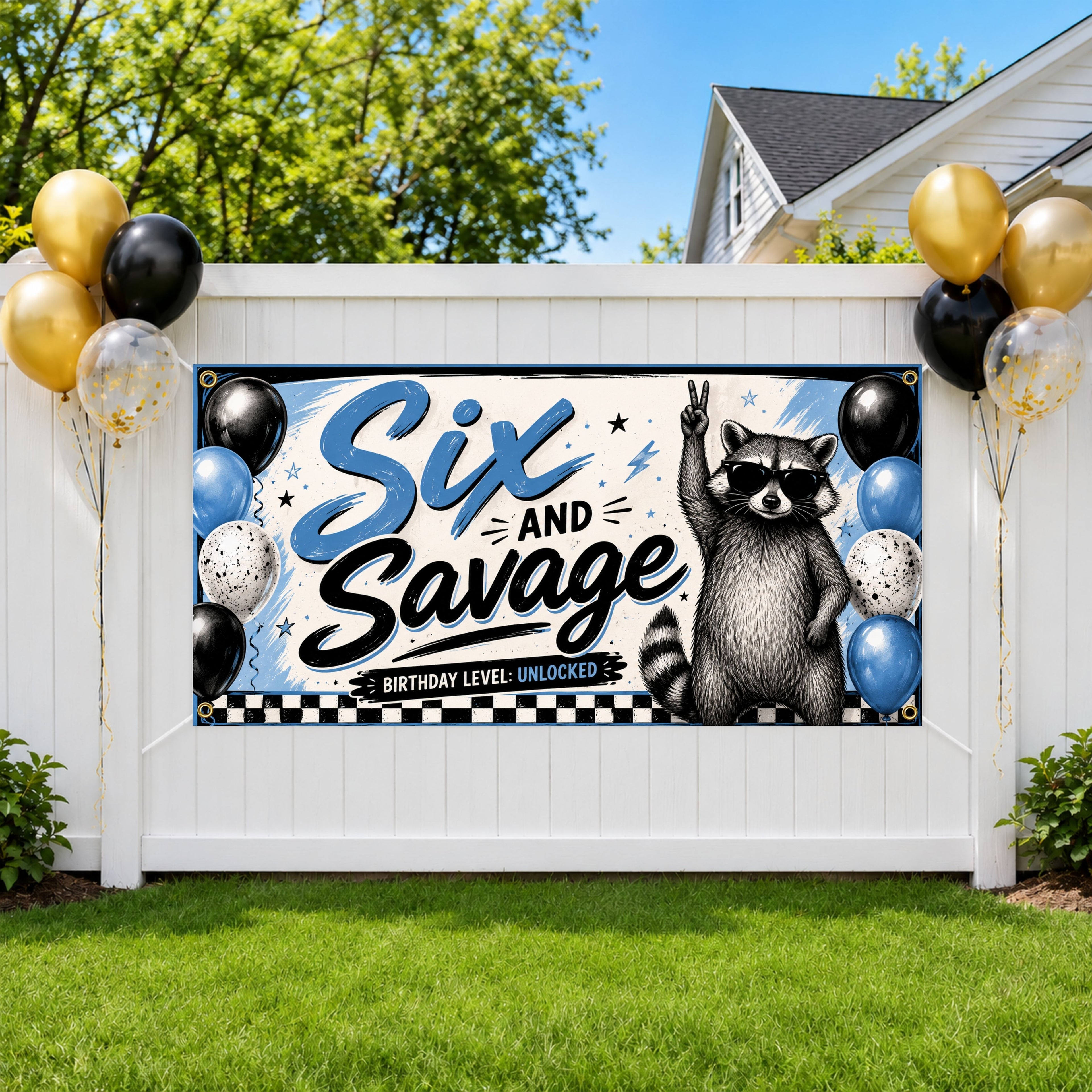 Funny 6th Birthday Banner, Six and Savage Party Sign, Kids Backdrop