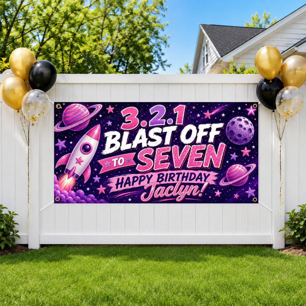 7th Birthday Banner, Space Rocket Party Sign, Girl Photo Backdrop