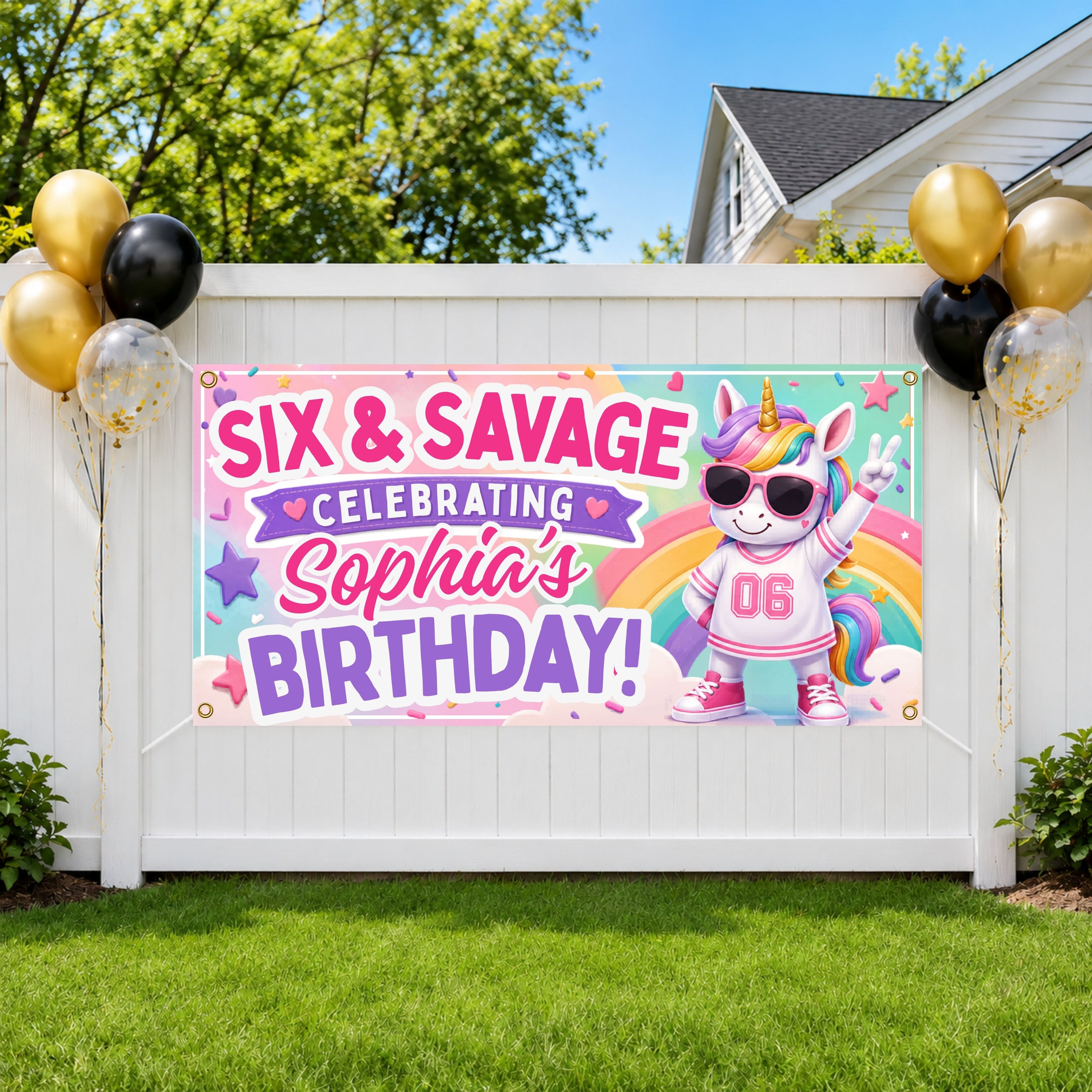 Six and Savage Unicorn Birthday Banner, 6 Year Old Birthday Party Rainbow Decor for Girls