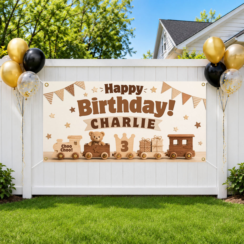 3rd Birthday Banner, Wooden Train Party Sign, Personalized Kids Birthday Banner