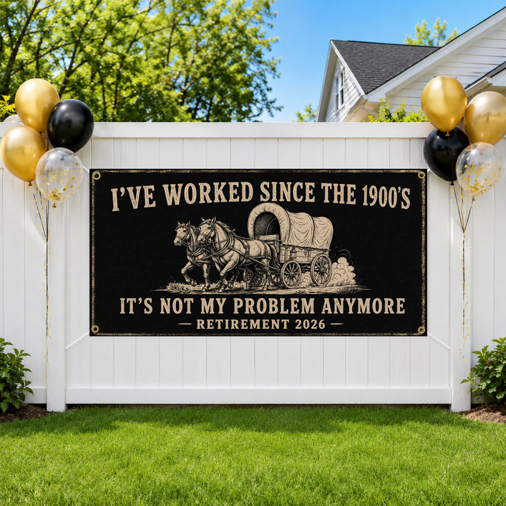 Funny Retirement Banner, Western Wagon Sign, 2026 Office Backdrop