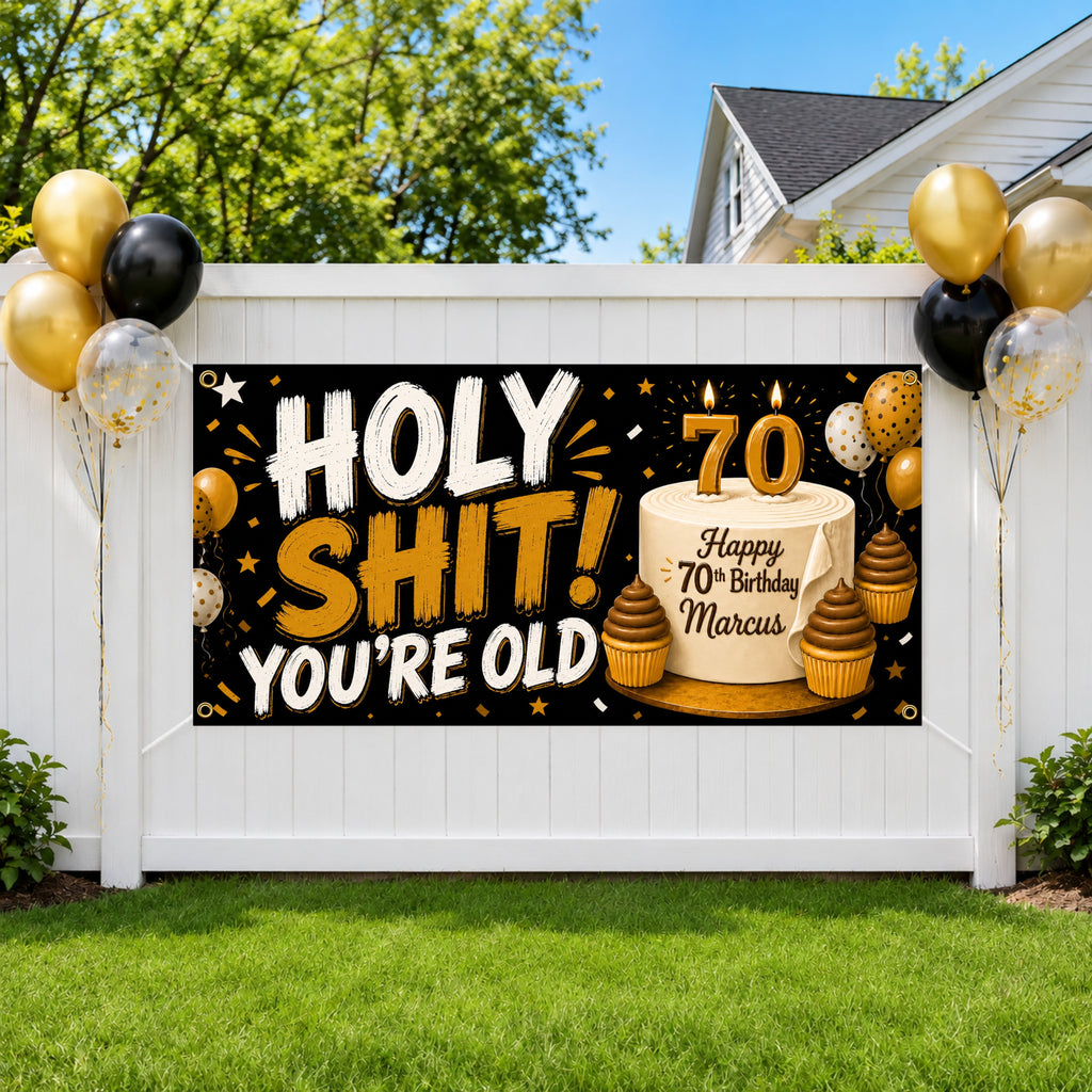 Funny 70th Birthday Banner, Holy Shit Party Sign, Cake Backdrop