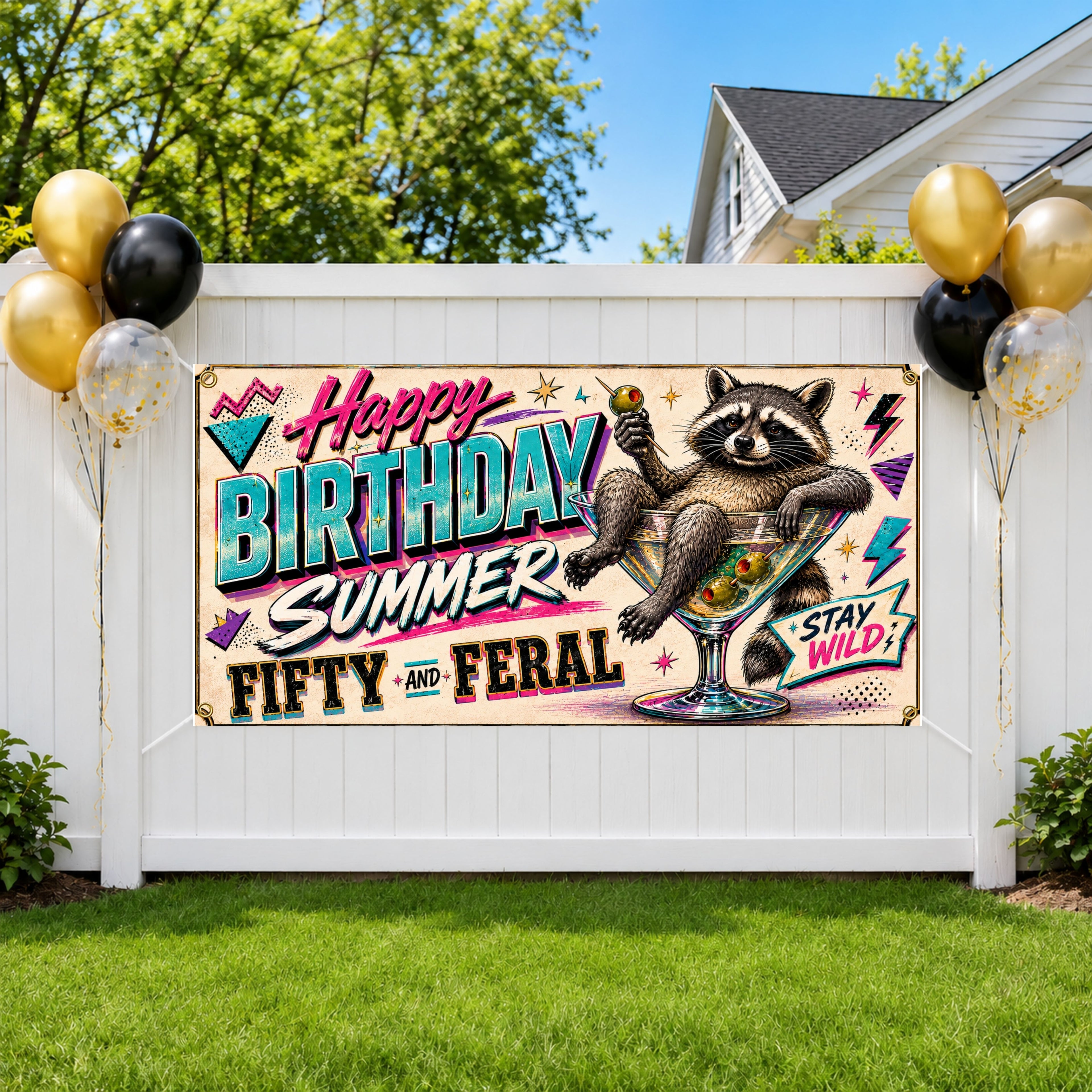 Funny 50th Birthday Banner, Fifty And Feral Sign, Martini Party Backdrop