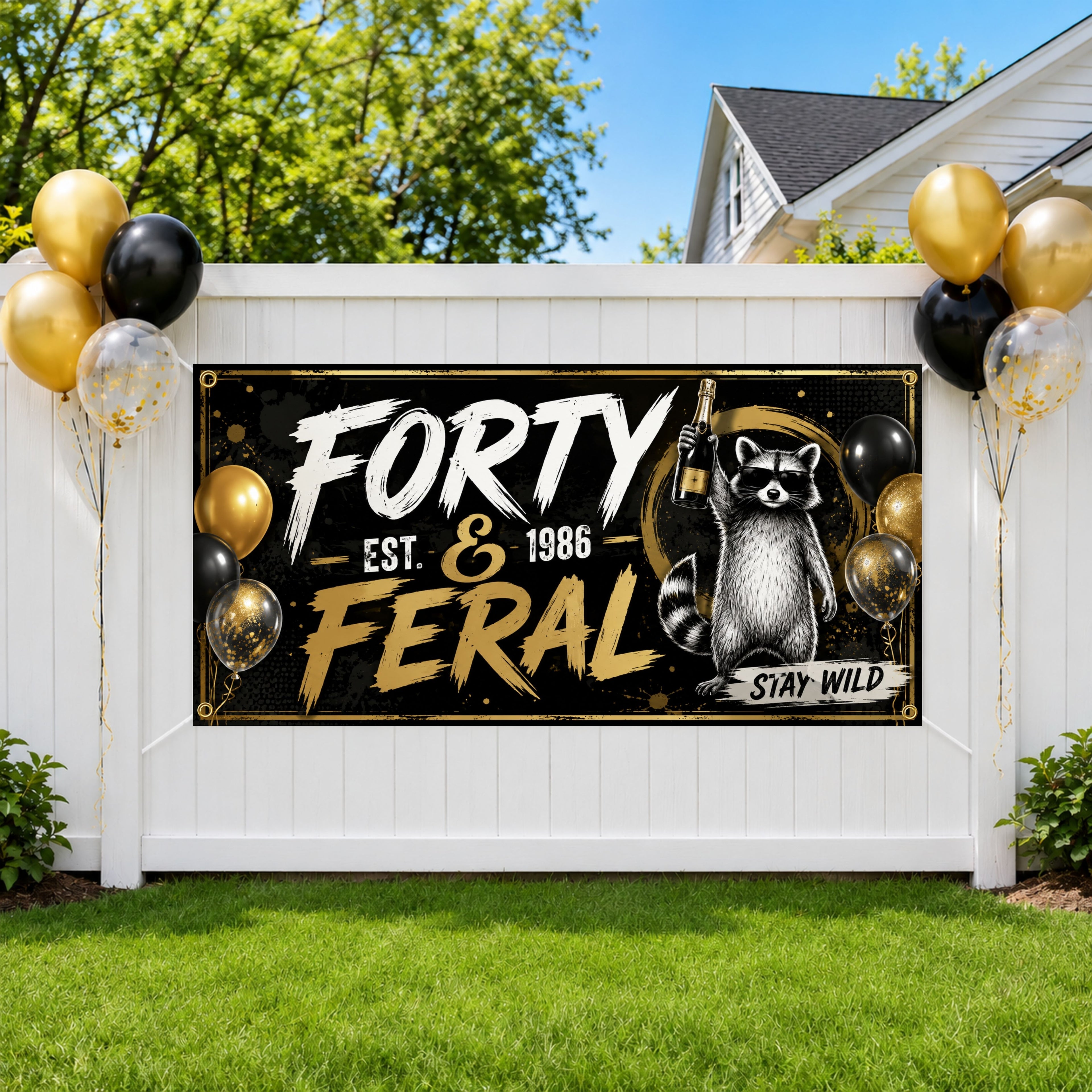 Funny 40th Birthday Banner, Forty And Feral Party Sign, Raccoon Backdrop