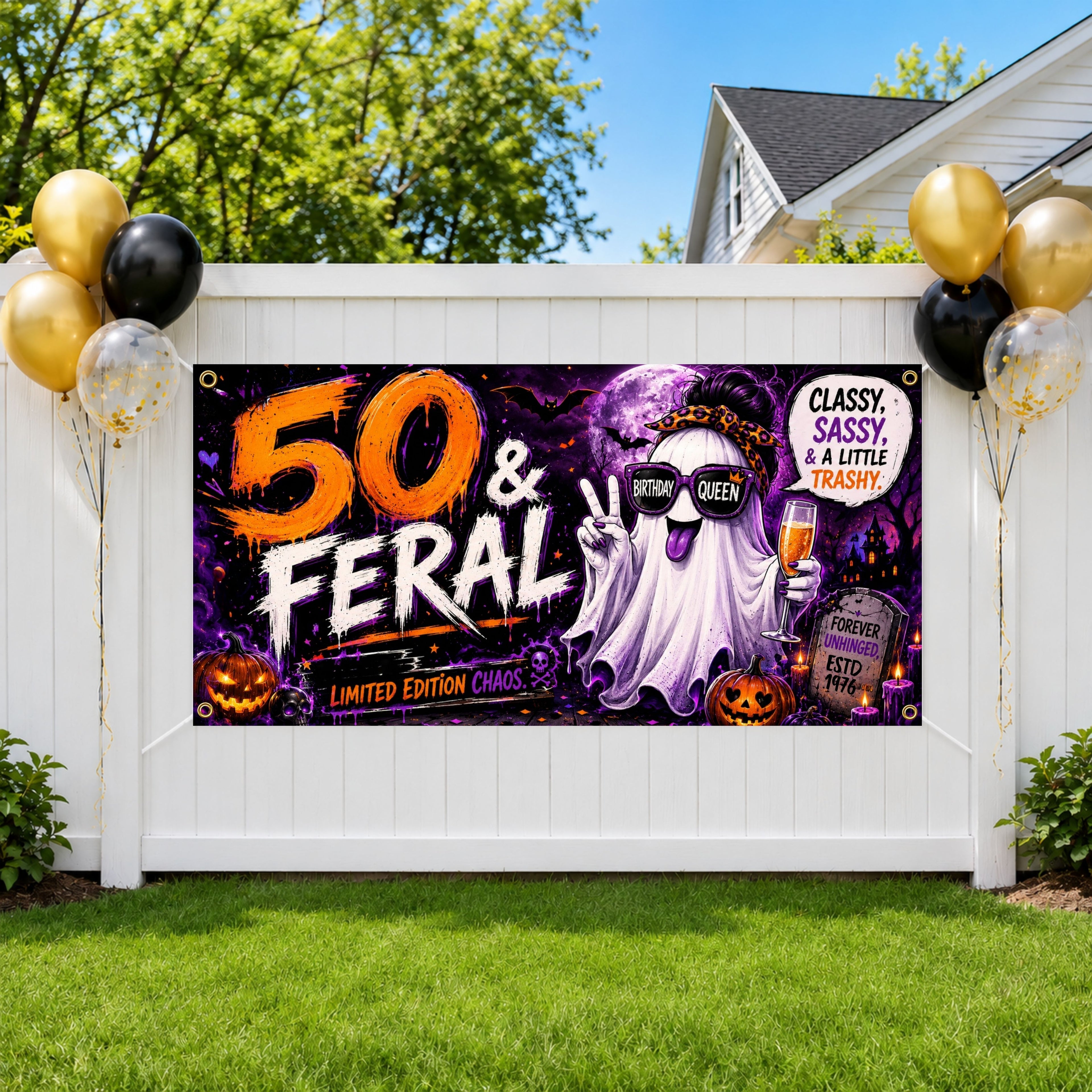 Funny 50th Birthday Banner, Feral Fifty Ghost Party Sign, Women Backdrop